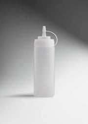 Botella dispensadora de plástico (polietileno) transparente 12 oz para restaurantes, taquerias, pizzerias, food trucks y cocinas profesionales