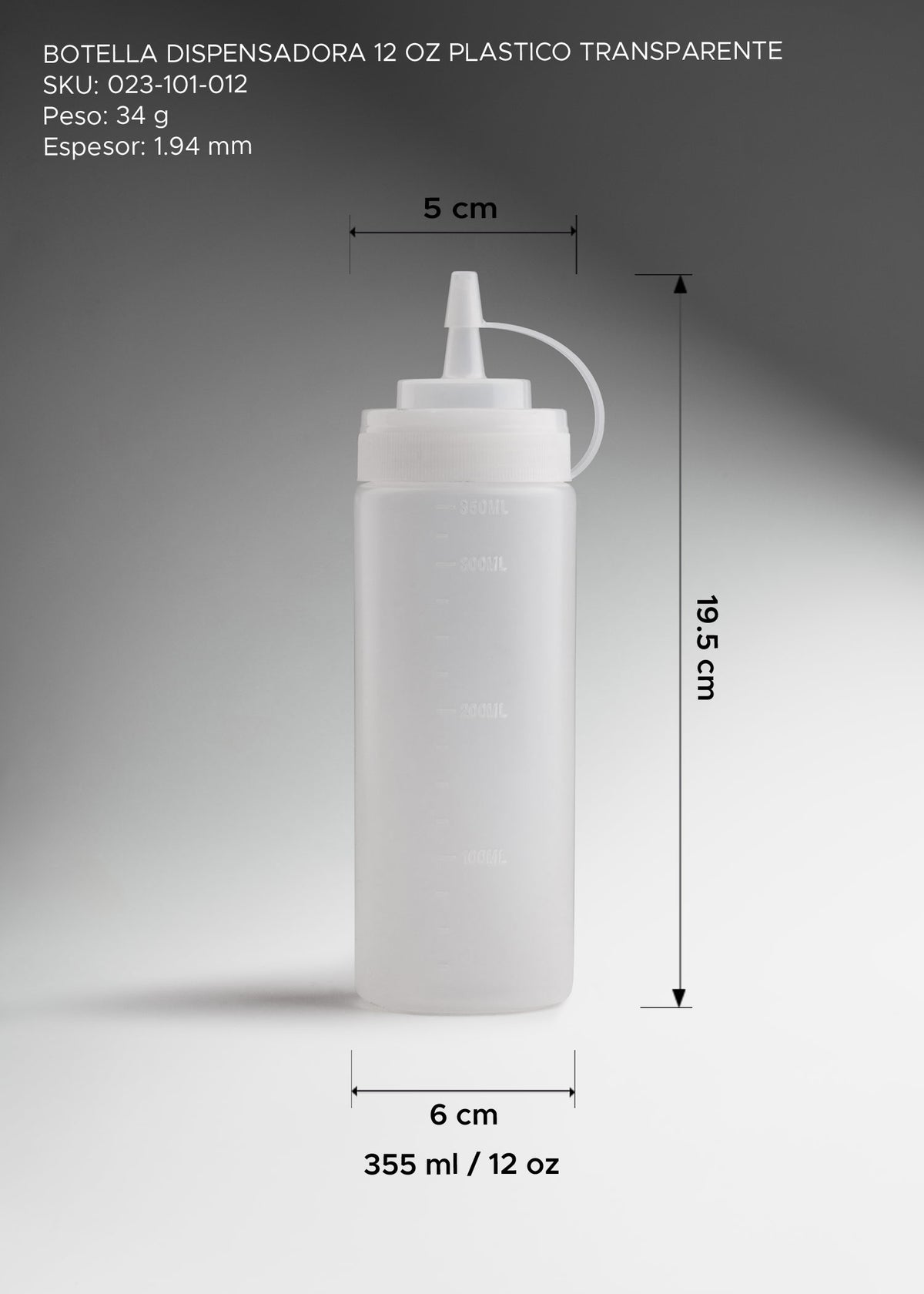 Detalle de Botella dispensadora de plástico (polietileno) transparente 12 oz para restaurantes, taquerias, pizzerias, food trucks y cocinas profesionales