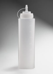 Botella dispensadora de polietileno transparente de 946 ml con tapa y boquilla, vista completa.