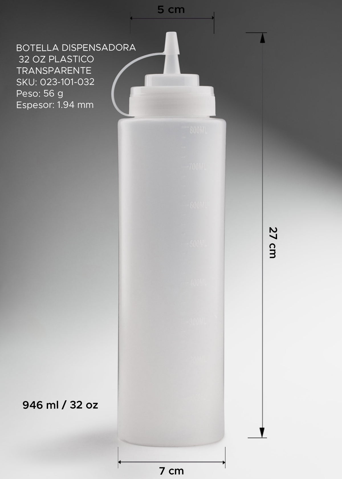Medidas de botella dispensadora: alto 27 cm, base 7 cm y capacidad 946 ml / 32 oz.