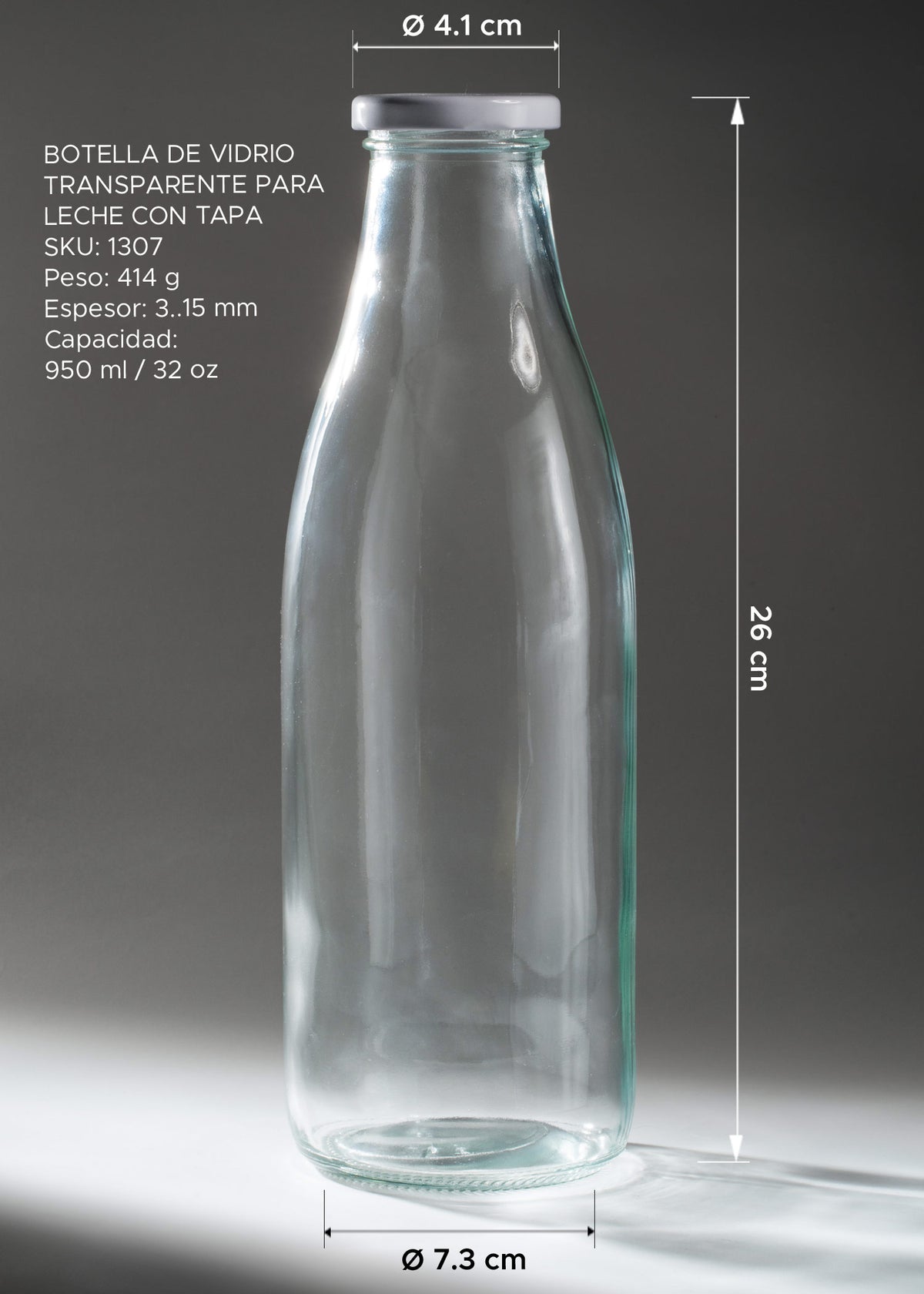 Medidas de la botella Milky de 950 ml: 26 cm de alto, boca de 4.1 cm y base de 7.3 cm.