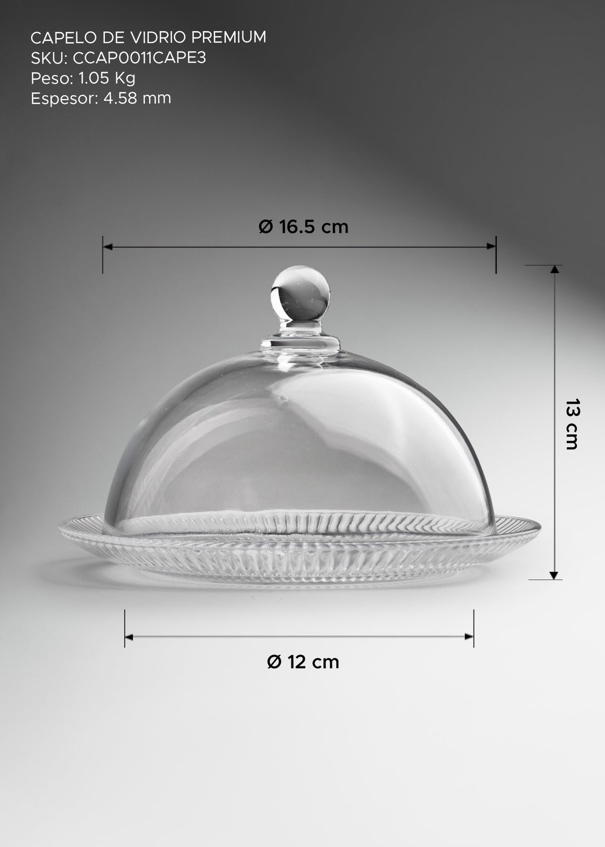 Capelo de vidrio transparente para pasteles, postres, pan y exhibición de alimentos. Alto 13 cm (5"), tapa Ø 16.5 cm (6"), plato Ø 20 cm (8") — imagen de producto