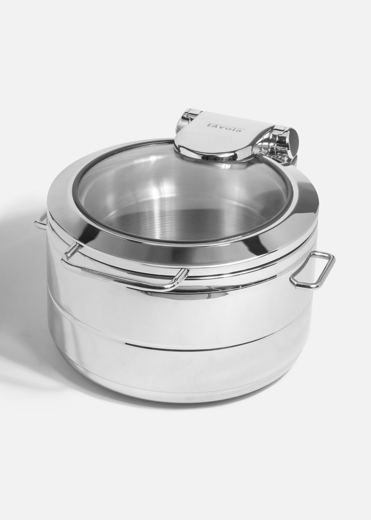 Chafer redondo Távola de acero inoxidable de 11 litros con tapa de cierre lento, vista completa.