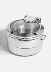 Chafer redondo Távola de acero inoxidable de 11 litros con tapa de cierre lento, vista completa.