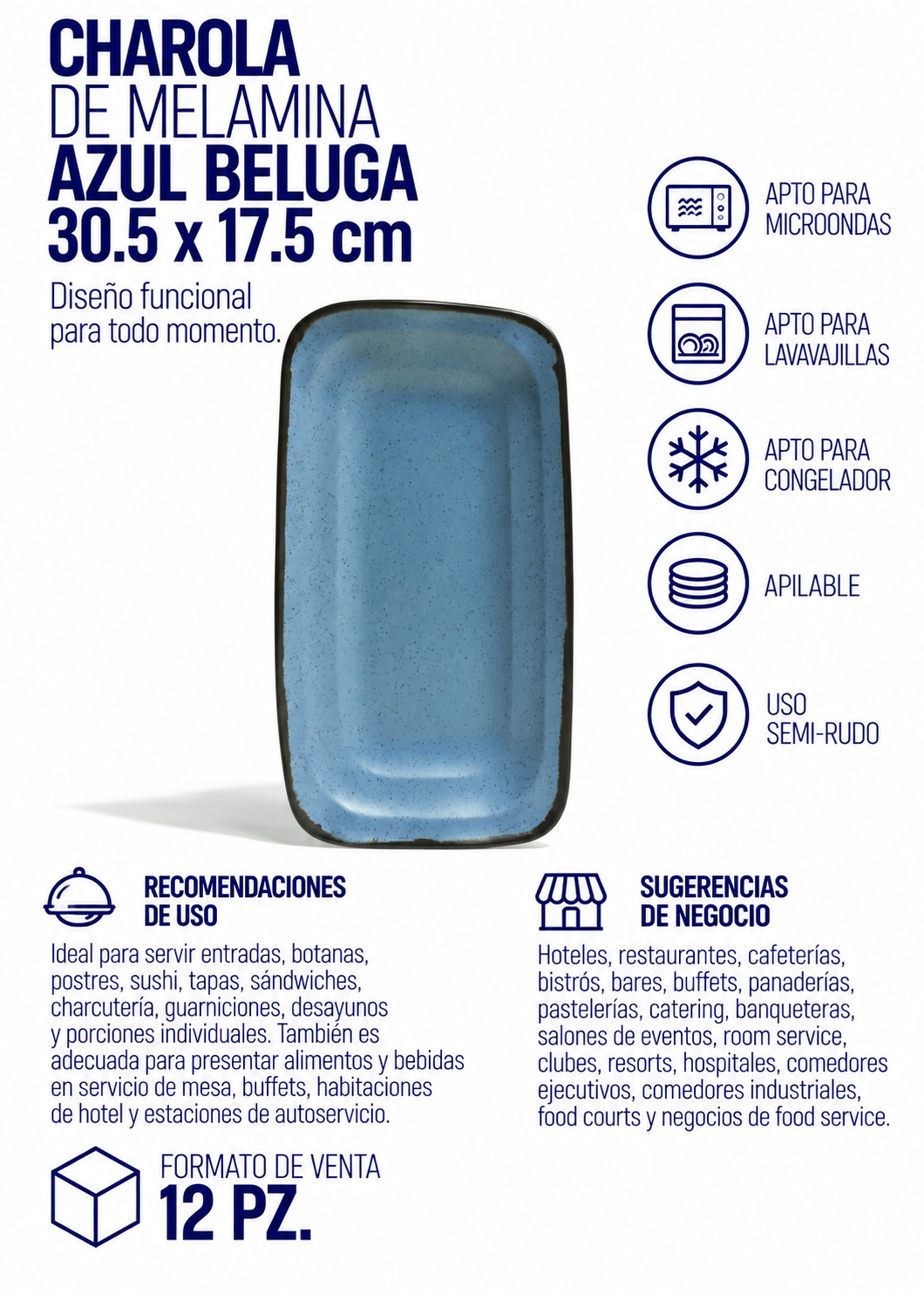 Charolas de melamina azul Beluga 30.5 x 17.5 cm