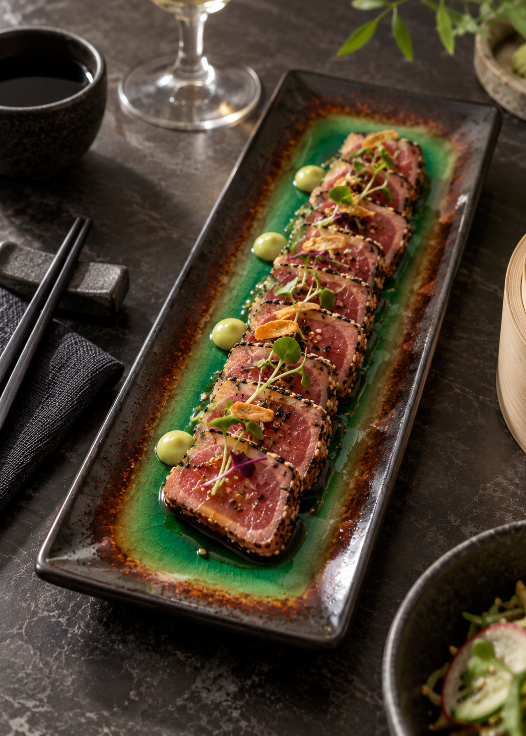 Charola de porcelana negro con verde Hakone para restaurante