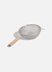 Coladores de acero inoxidable plata doble malla mango de madera 14, 18, 20 y 27 cm