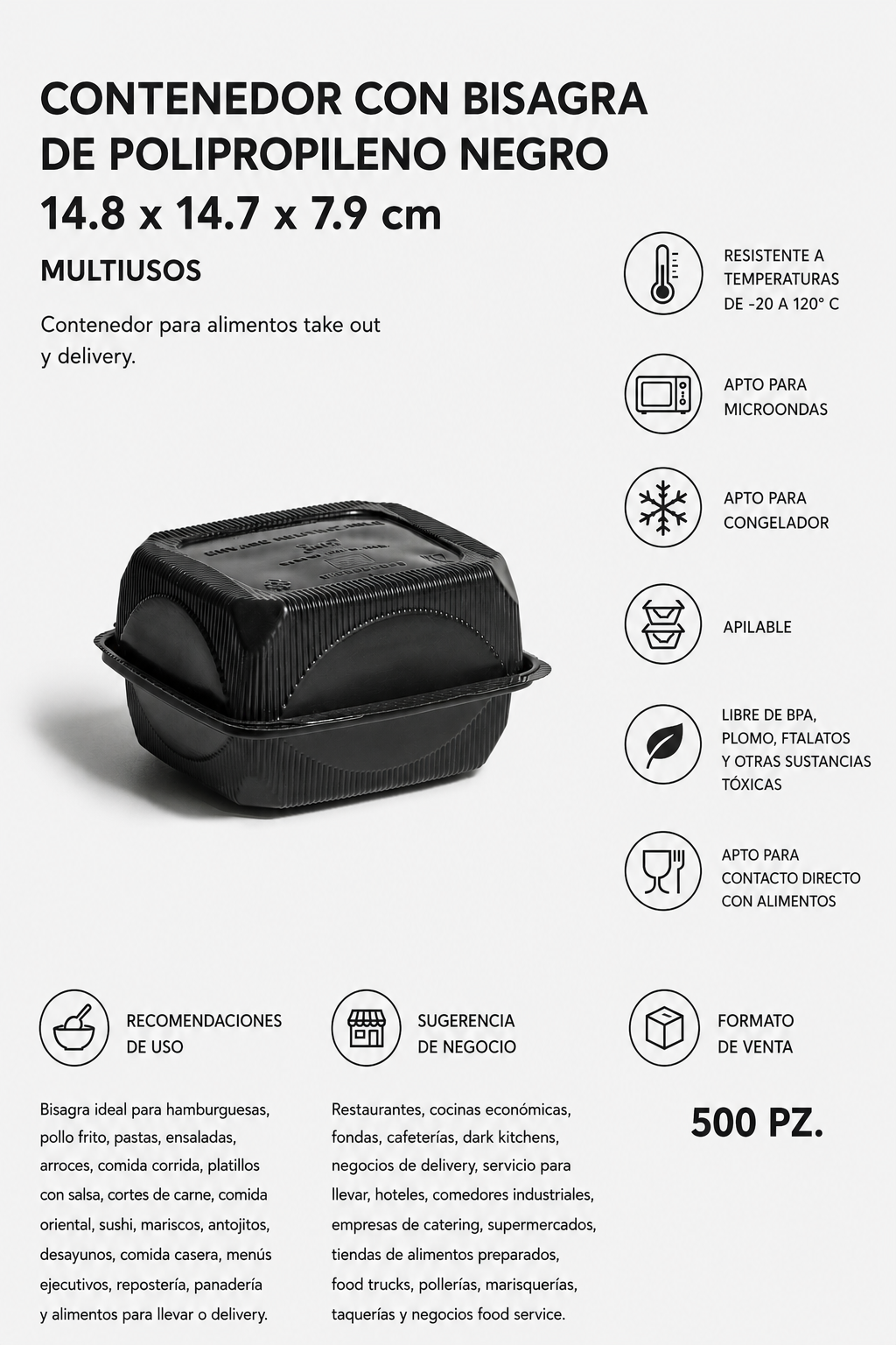 Envase de polipropileno negro con tapa integrada