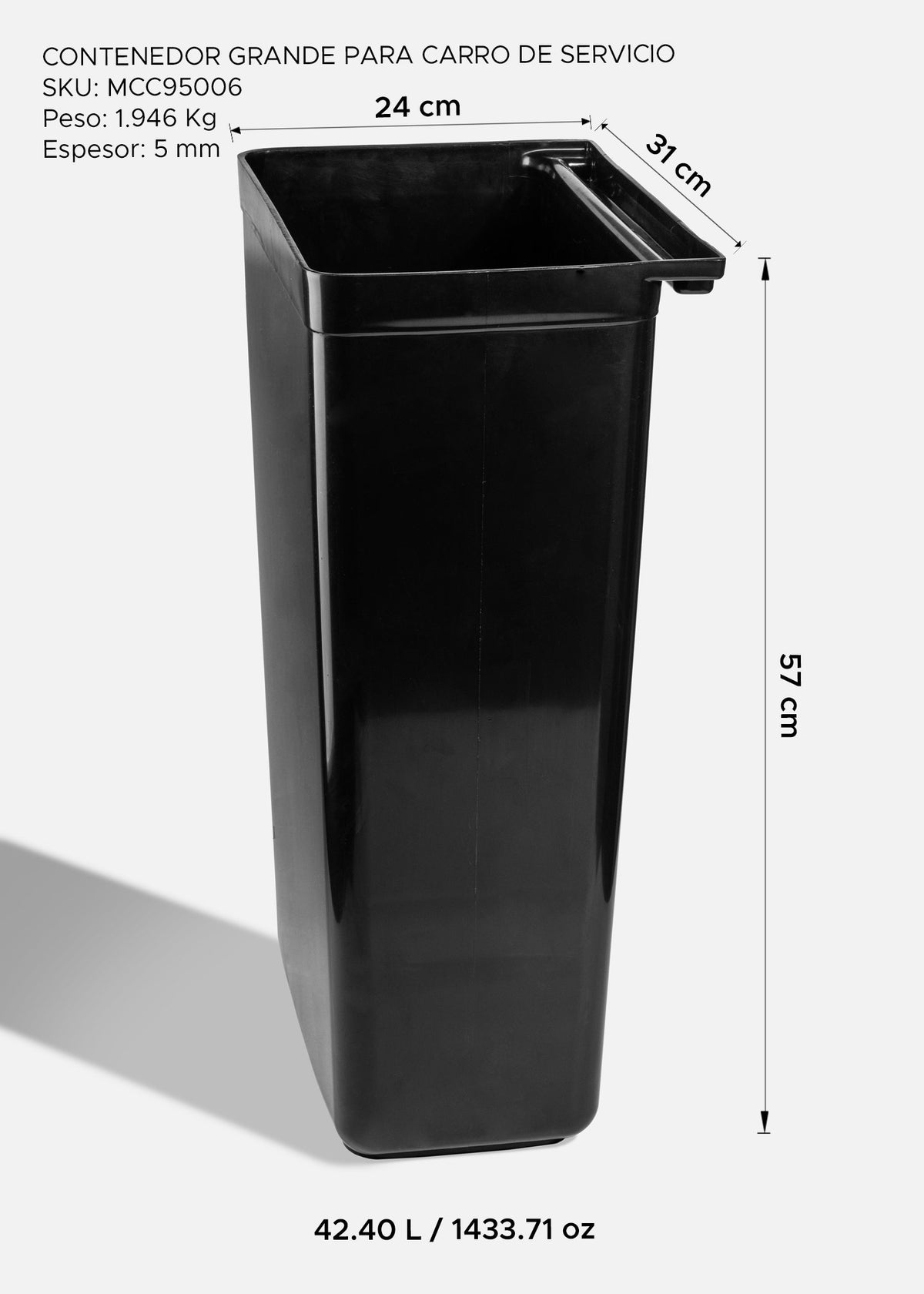 Contenedor grande para carro de servicio de plÃ¡stico negro 42.4 L