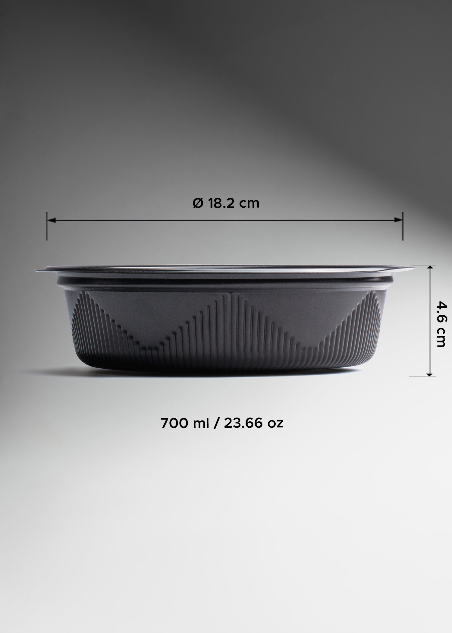 Contenedor hermético para alimentos desechable redondo de plástico diámetro 18.2 cm, alto 4.6 cm, 700 ml / 23 oz