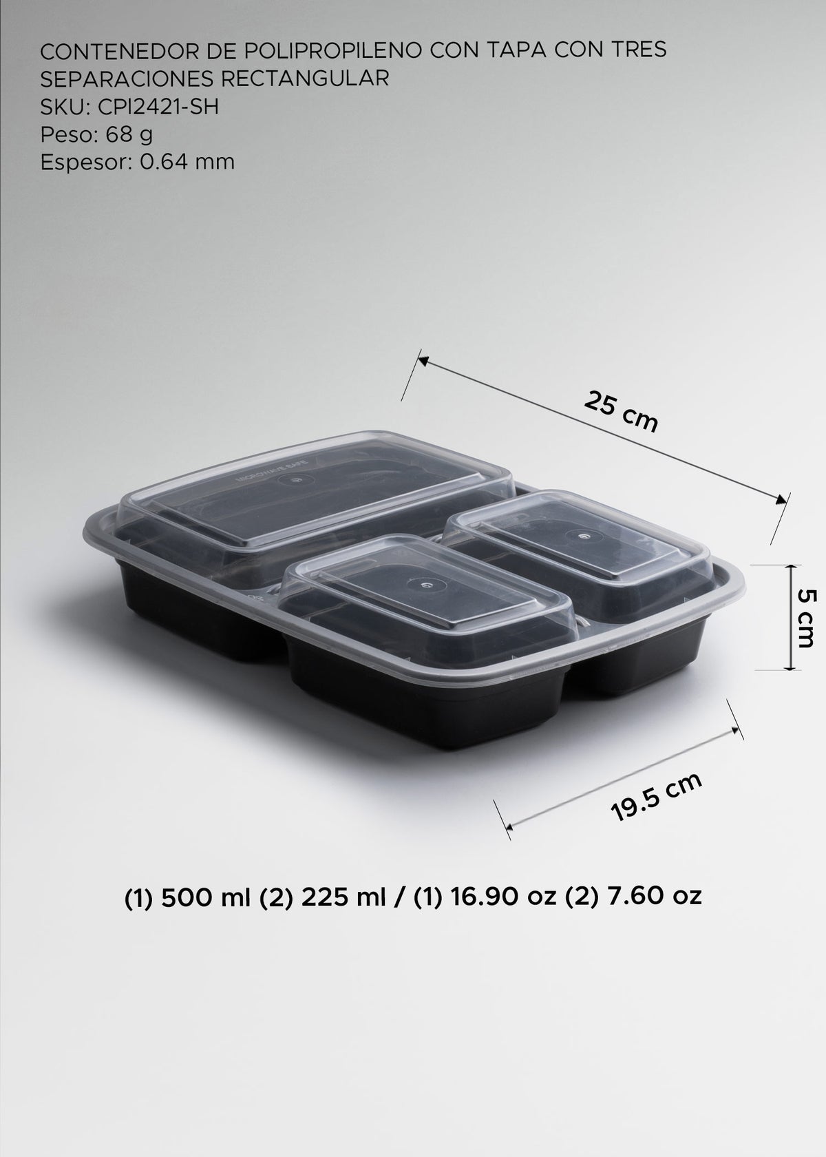 Contenedor de alimentos de polipropileno con 3 divisiones para delivery