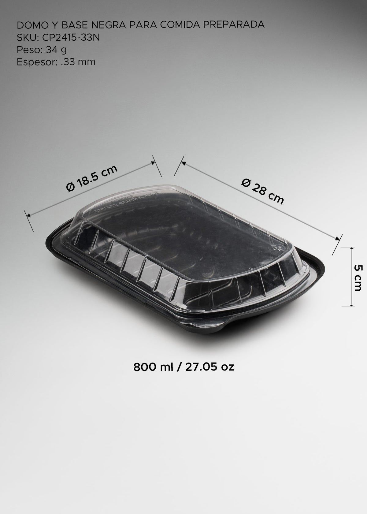 Contenedor domo de plástico (poliestireno) rectangular base negra para alitas 28x18.5x5 cm 800 ml / 27 oz