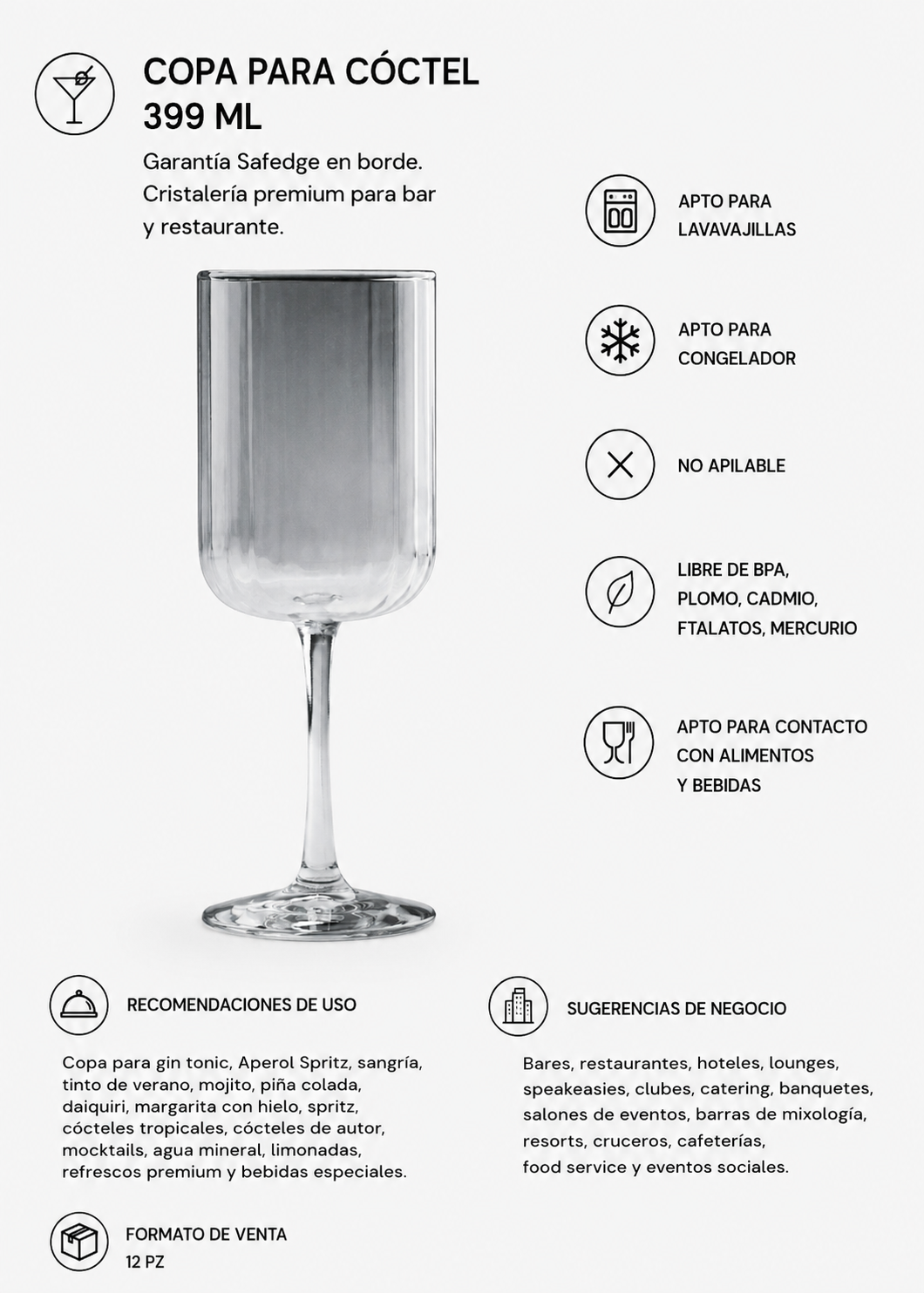 Copa de vidrio transparente con cáliz alto y tallo largo