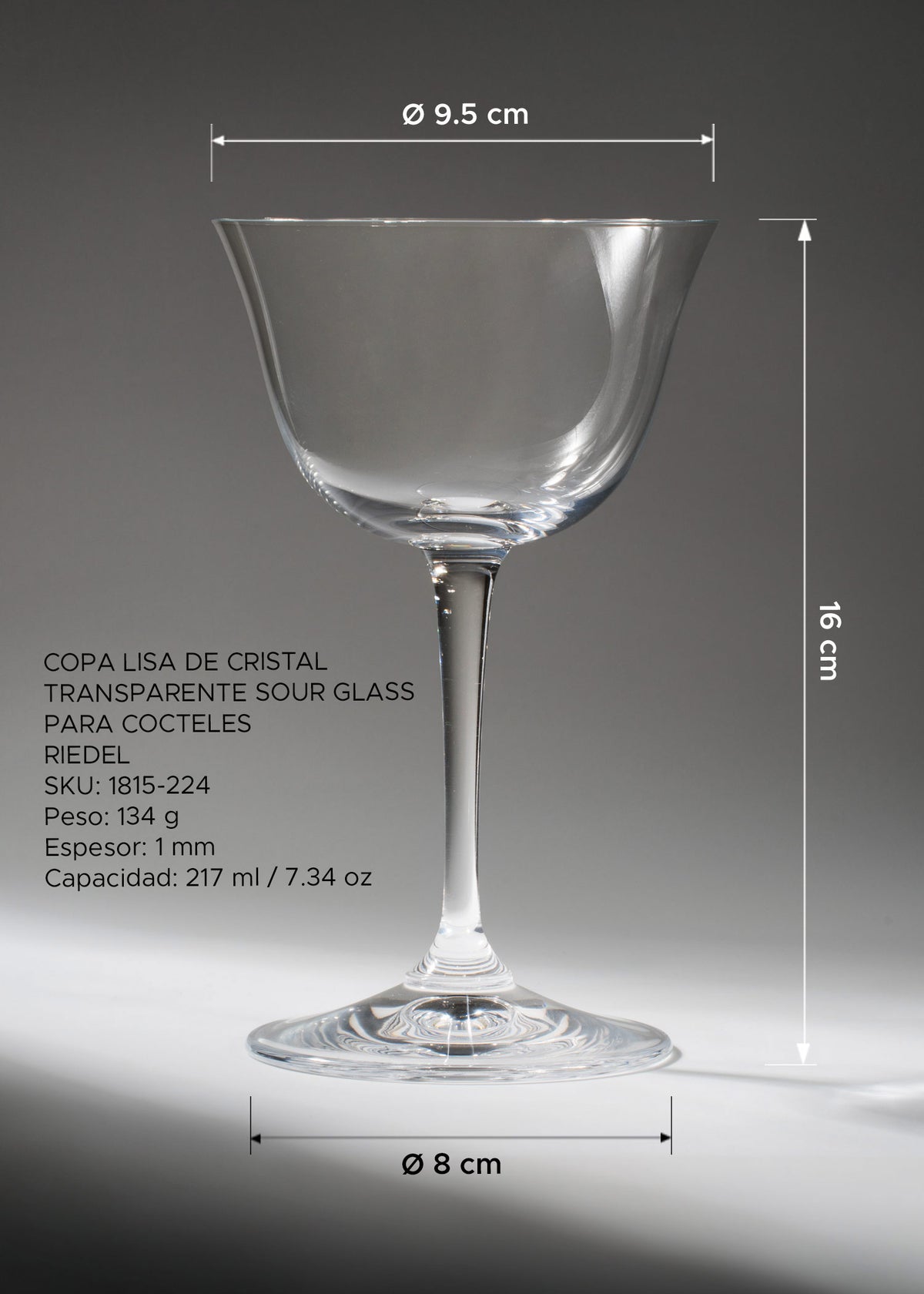 Medidas de la copa Sour Glass Riedel: 16 cm de alto, boca de 9.5 cm y capacidad de 217 ml.