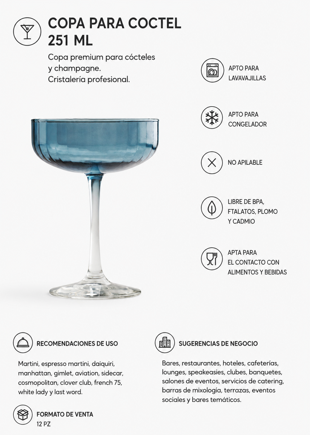 Copa coupe de vidrio azul para champagne y cócteles