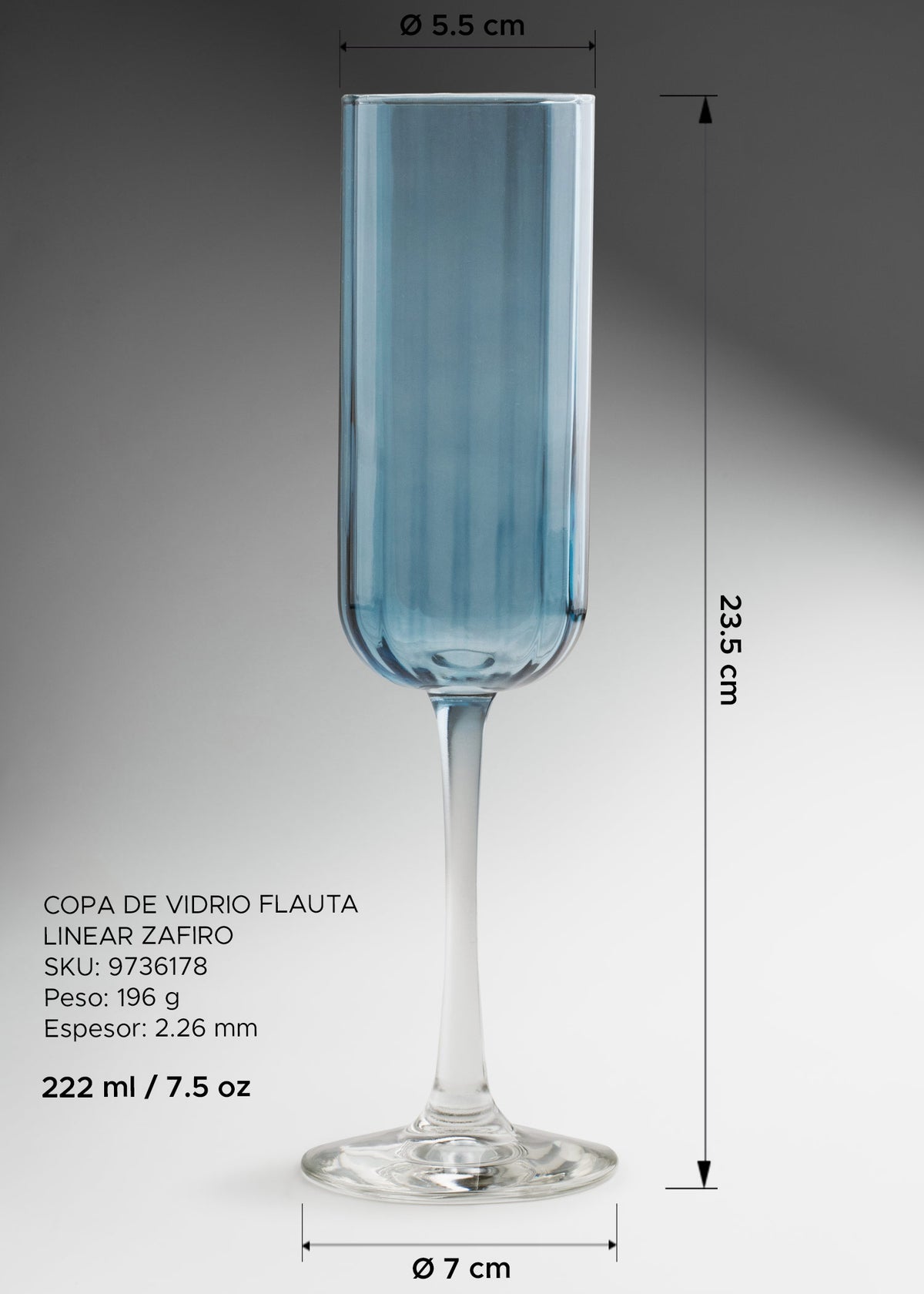 Medidas de copa flauta Linear 222 ml: alto 23.5 cm, boca 5.5 cm y base 7 cm.