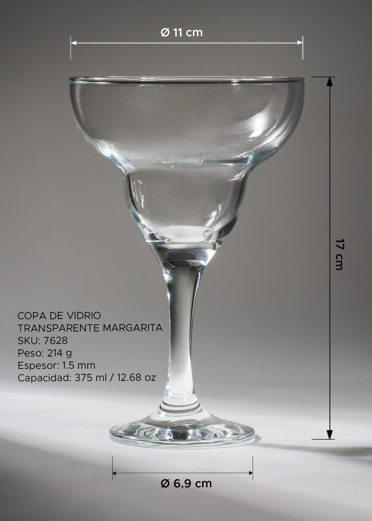 Medidas de la copa margarita de 375 ml: alto 17 cm, boca 11 cm y base 6.9 cm.