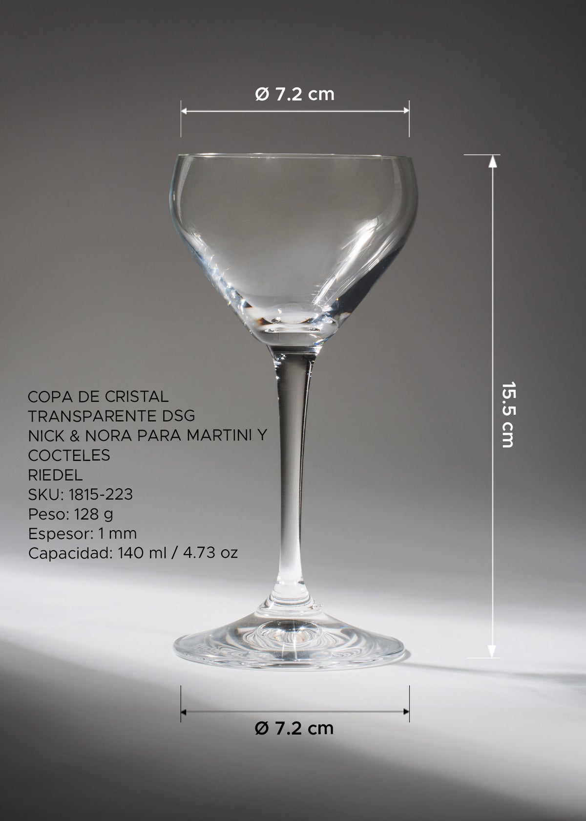 Medidas de la copa Nick & Nora Riedel: 15.5 cm de alto, boca y base de 7.2 cm.