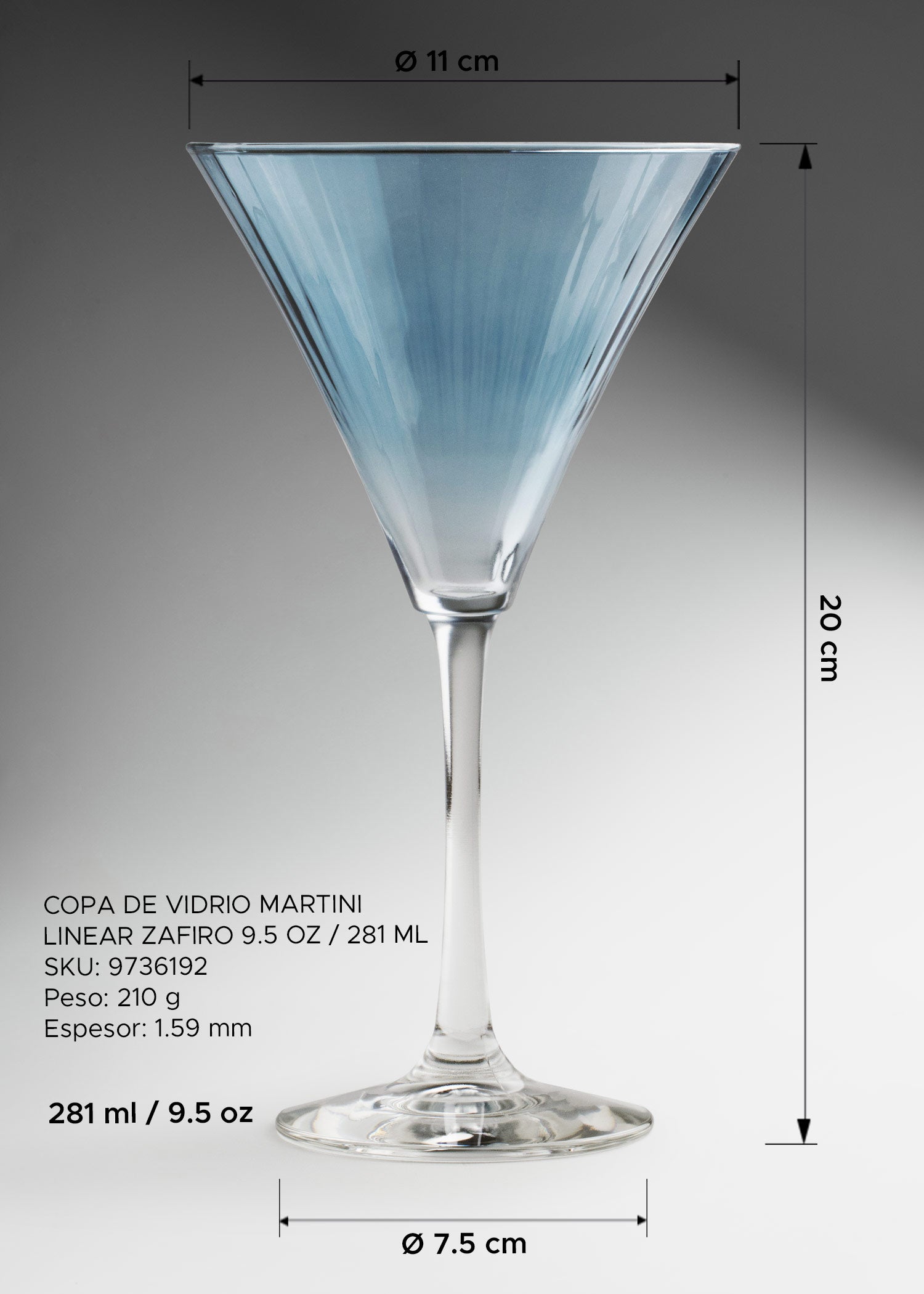 Copa martini Linear Zafiro azul con tallo transparente
