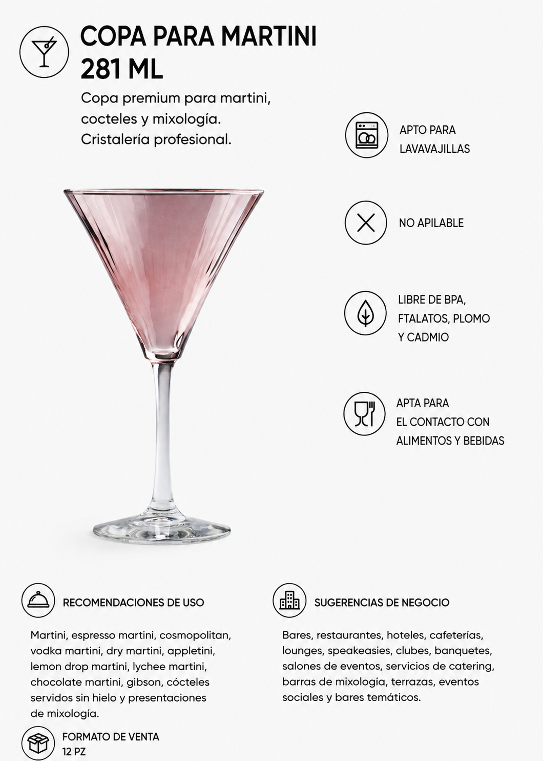 Copa rosa para martinis y cócteles de autor
