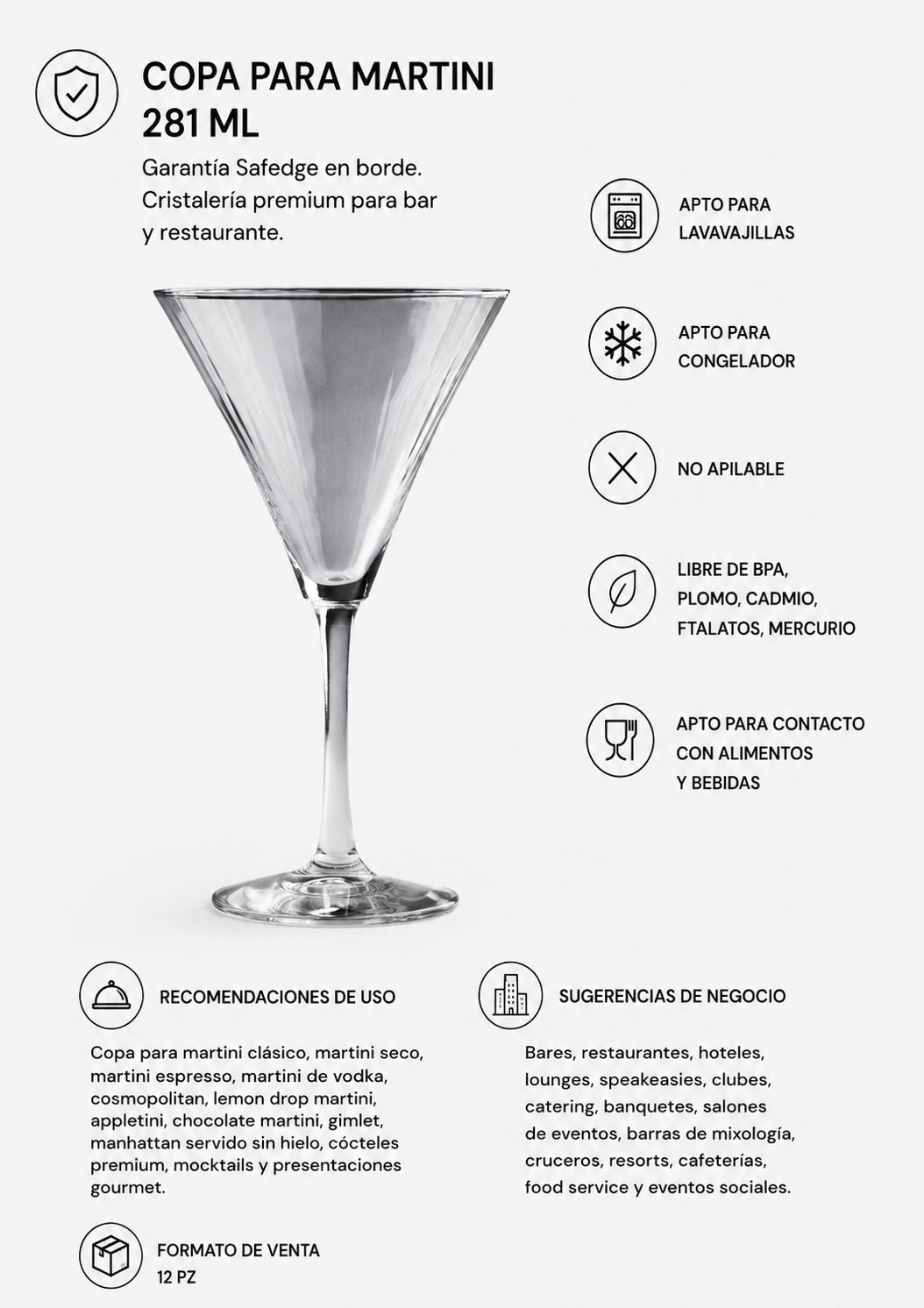 Vista frontal de copa para martini Linear de 281 ml