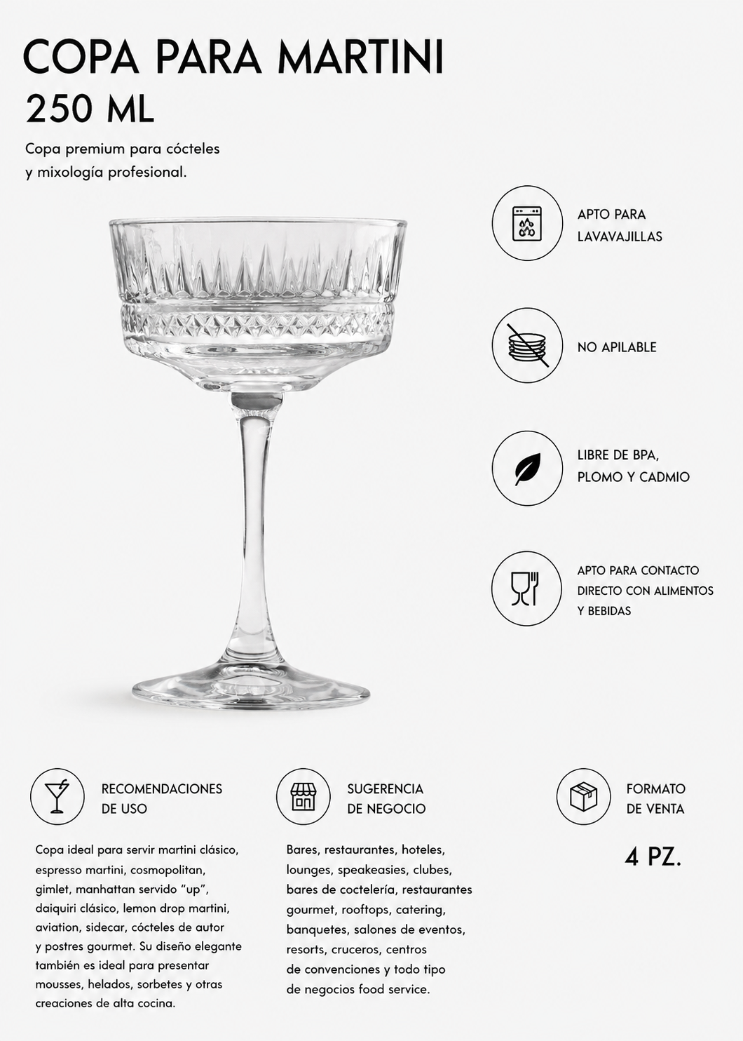 Vista frontal de copa para martini Timeless 250 ml