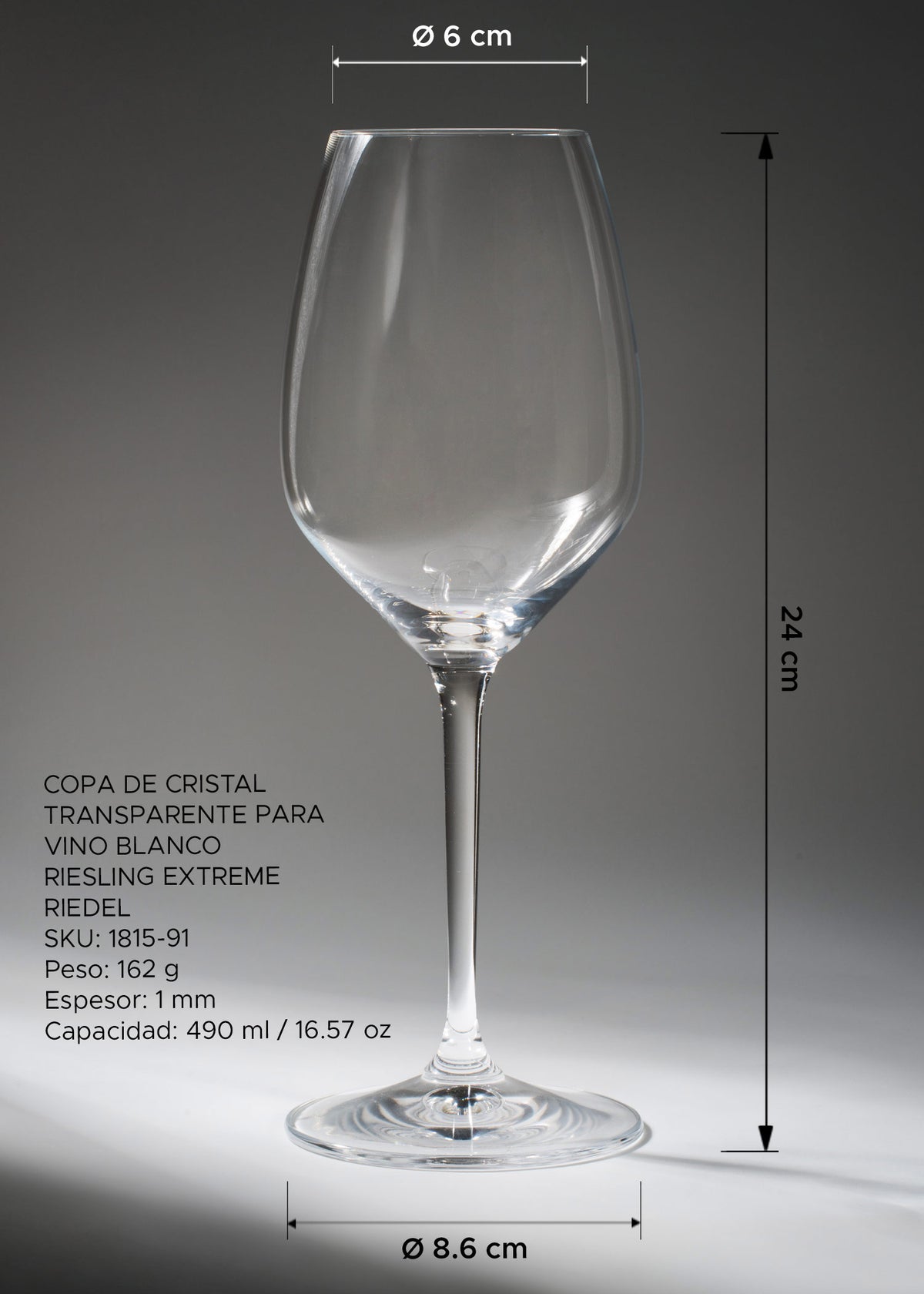 Medidas de la copa Riesling Extreme: alto 24 cm, boca 6 cm y base 8.6 cm.