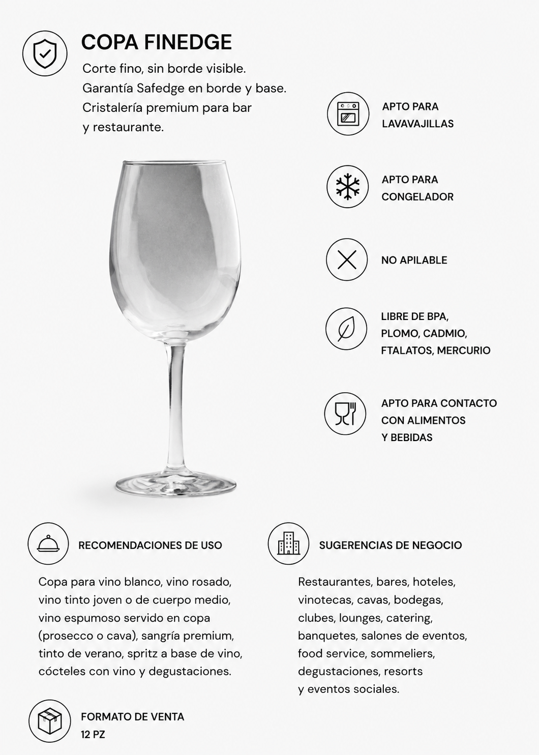 Vista frontal de copa para vino blanco de vidrio 370 ml