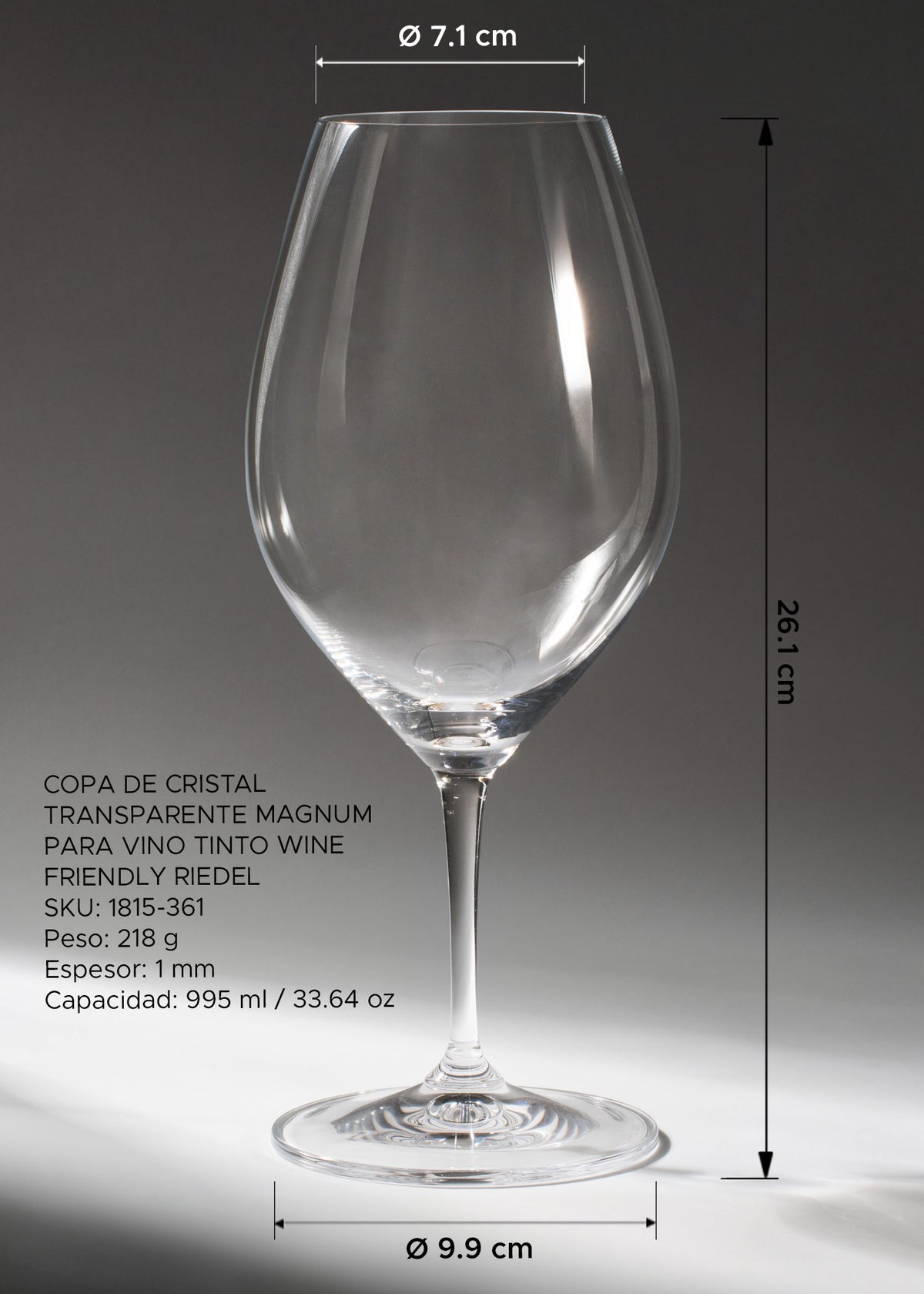 Medidas de la copa Magnum de 995 ml: alto 26.1 cm, boca 7.1 cm y base 9.9 cm.