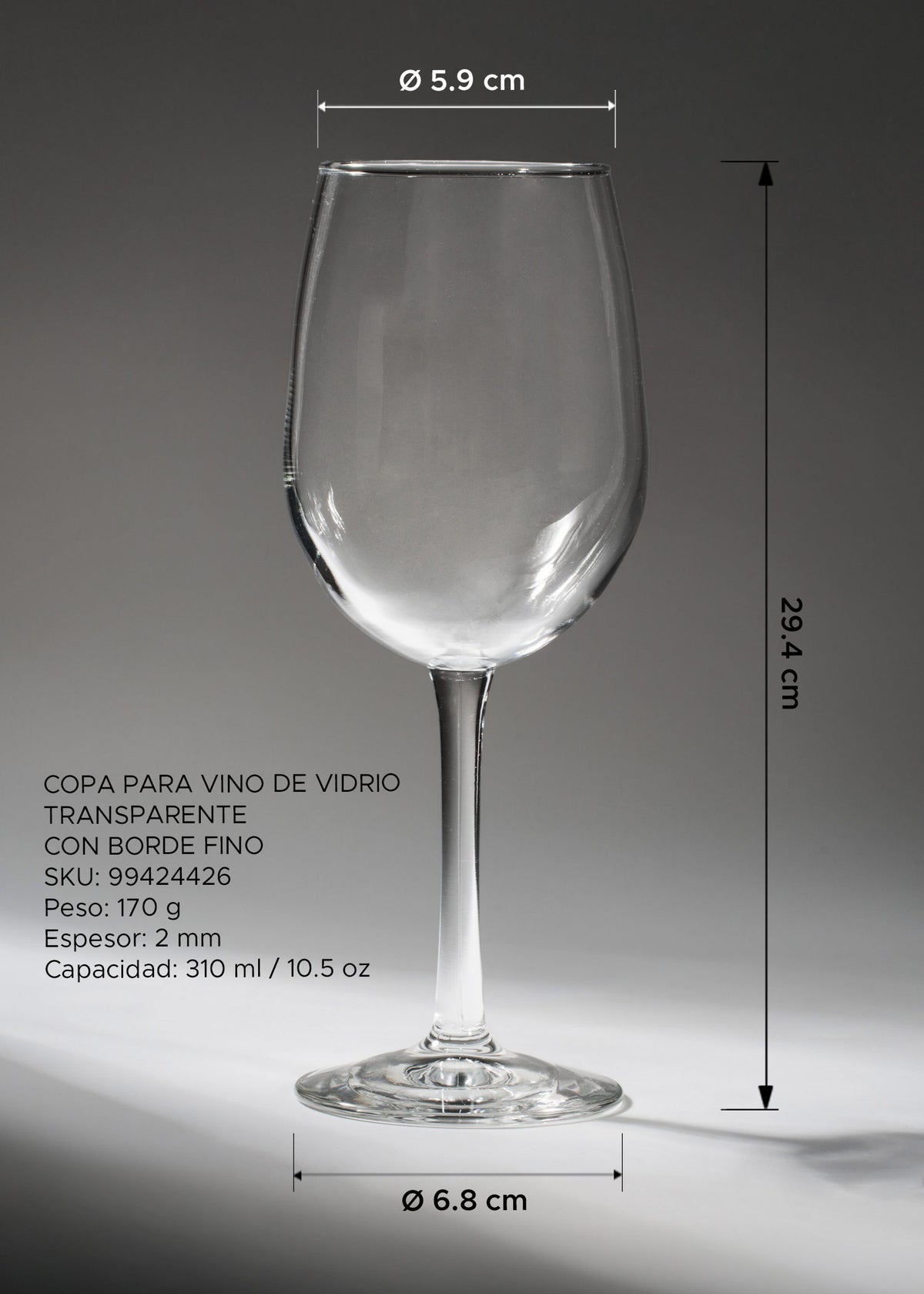 Medidas de copa para vino 310 ml: alto 29.4 cm, boca 5.9 cm y base 6.8 cm.