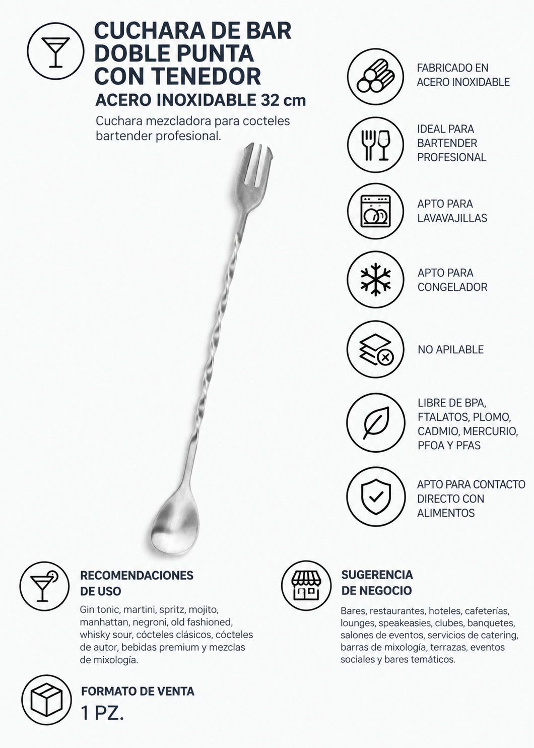 Cuchara mezcladora para cócteles de acero inoxidable