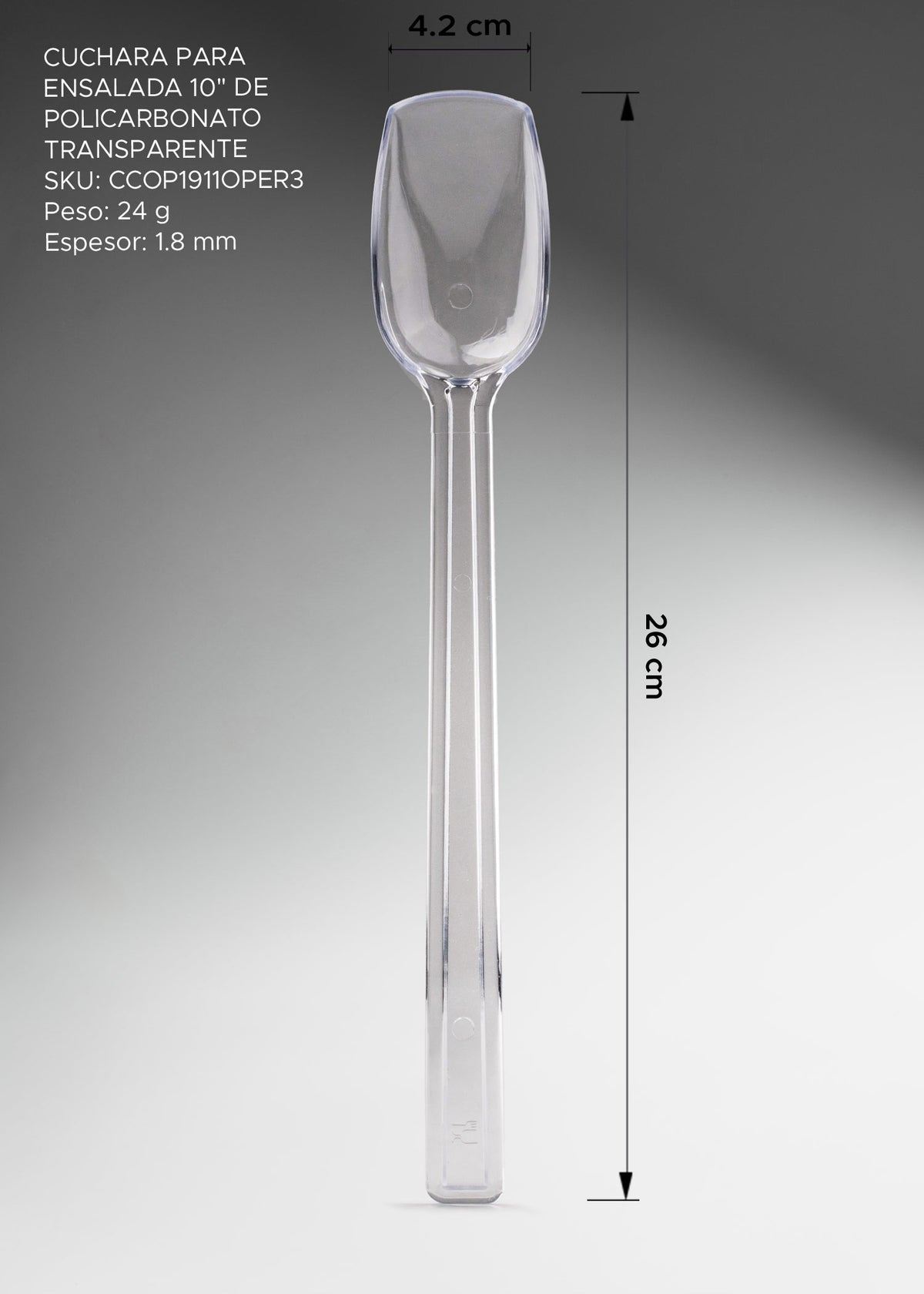 Detalle de Cuchara para ensalada de policarbonato transparente 10" para restaurantes, hoteles, buffets, barras de ensaladas y comedores industriales
