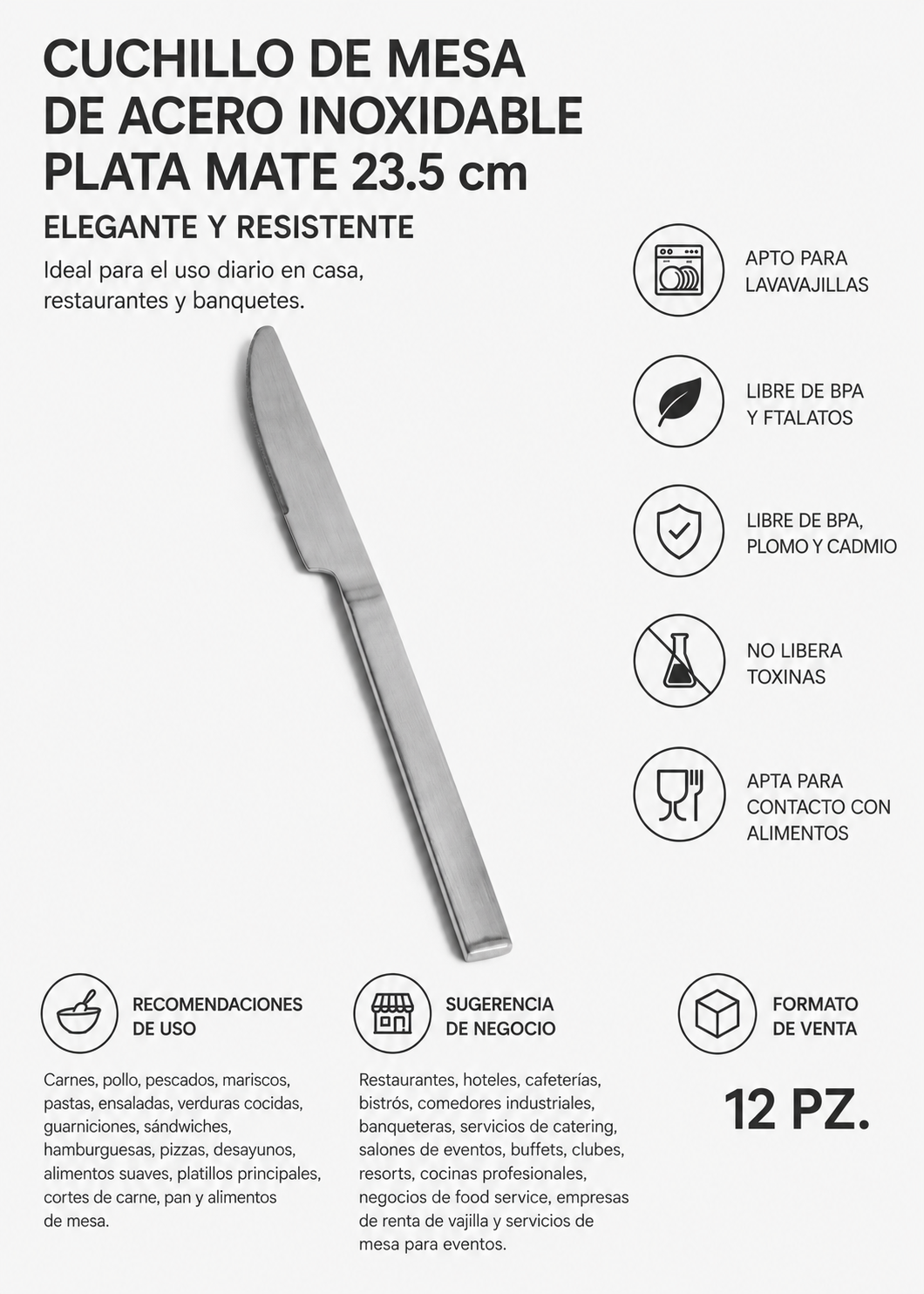 Vista completa del cuchillo de mesa Mara 23.5 cm
