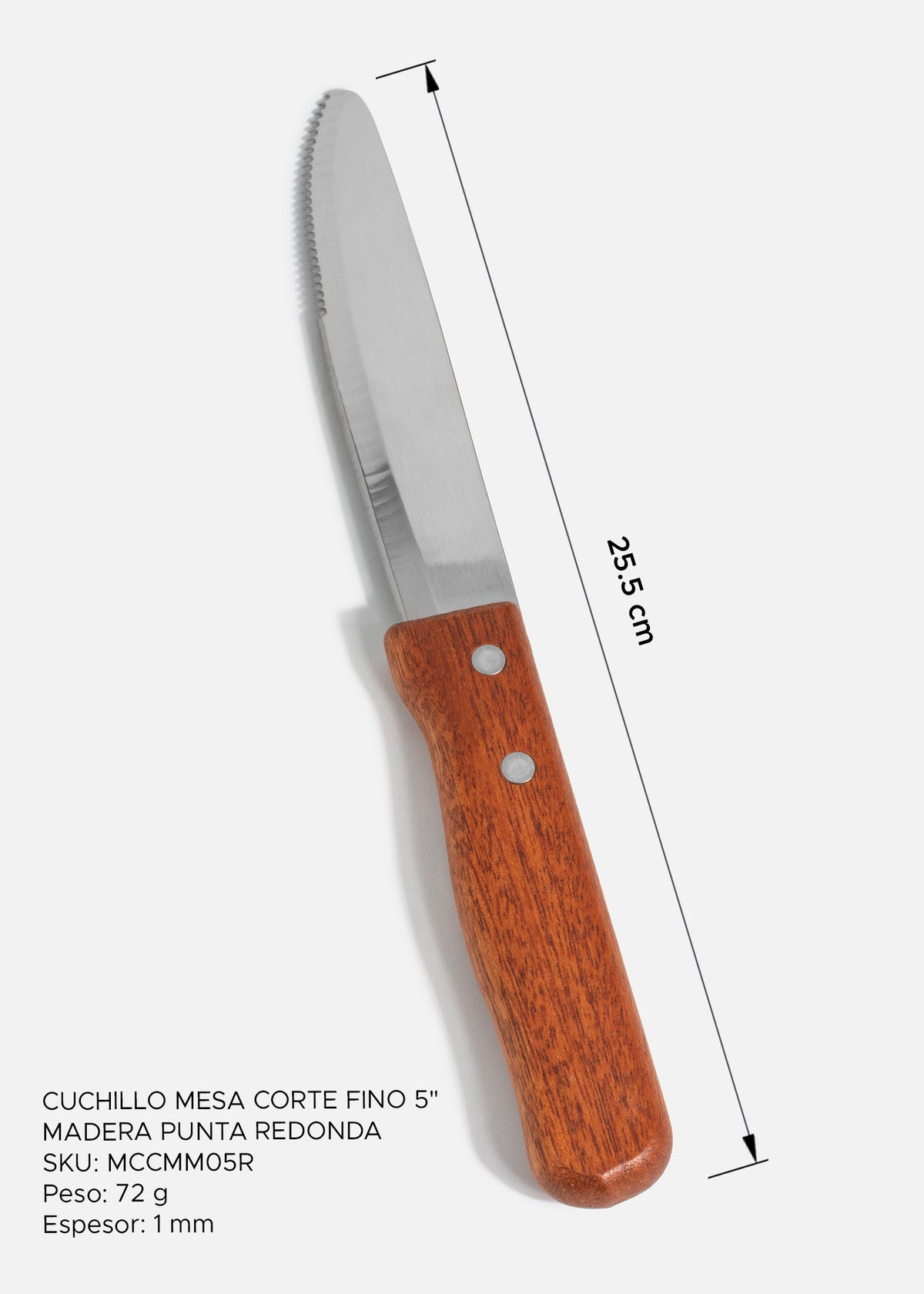 Medidas del cuchillo de mesa con mango de madera café: 25.5 cm de largo total y hoja de 1 mm de espesor.