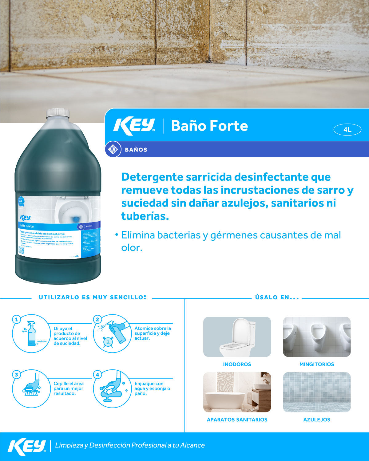 Desinfectante detergente sarricida limpiador removedor de sarro para baño, azulejos, y sanitarios Forte 4 L