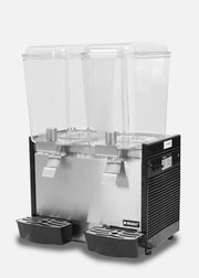 Dispensador de bebidas frías (enfriamiento de 2 °C a 12 °C) de dos tanques de policarbonato grado alimenticio con agitación tipo fuente 18 L por tanque. Rhino DISBEF-2T — imagen de producto