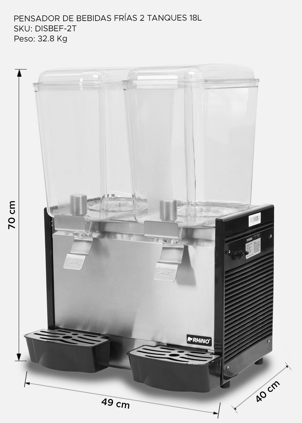 Dispensador de bebidas frías (enfriamiento de 2 °C a 12 °C) de dos tanques de policarbonato grado alimenticio con agitación tipo fuente 18 L por tanque. Rhino DISBEF-2T — imagen de producto
