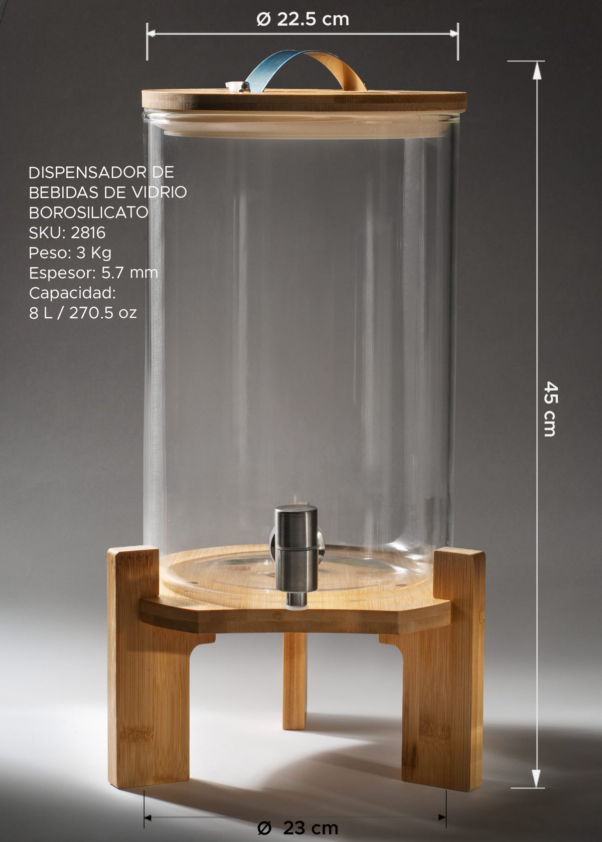 Medidas del dispensador de 8 L: alto 45 cm, diámetro superior 22.5 cm, base 23 cm, espesor 5.7 mm y peso 3 kg.