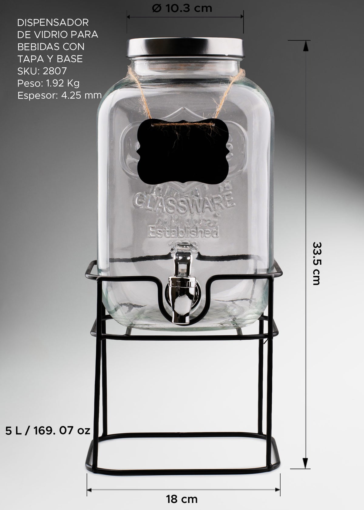 Detalle de Dispensador de vidrio con tapa y base para bebidas 5 L para buffets, restaurantes, hoteles, catering y eventos