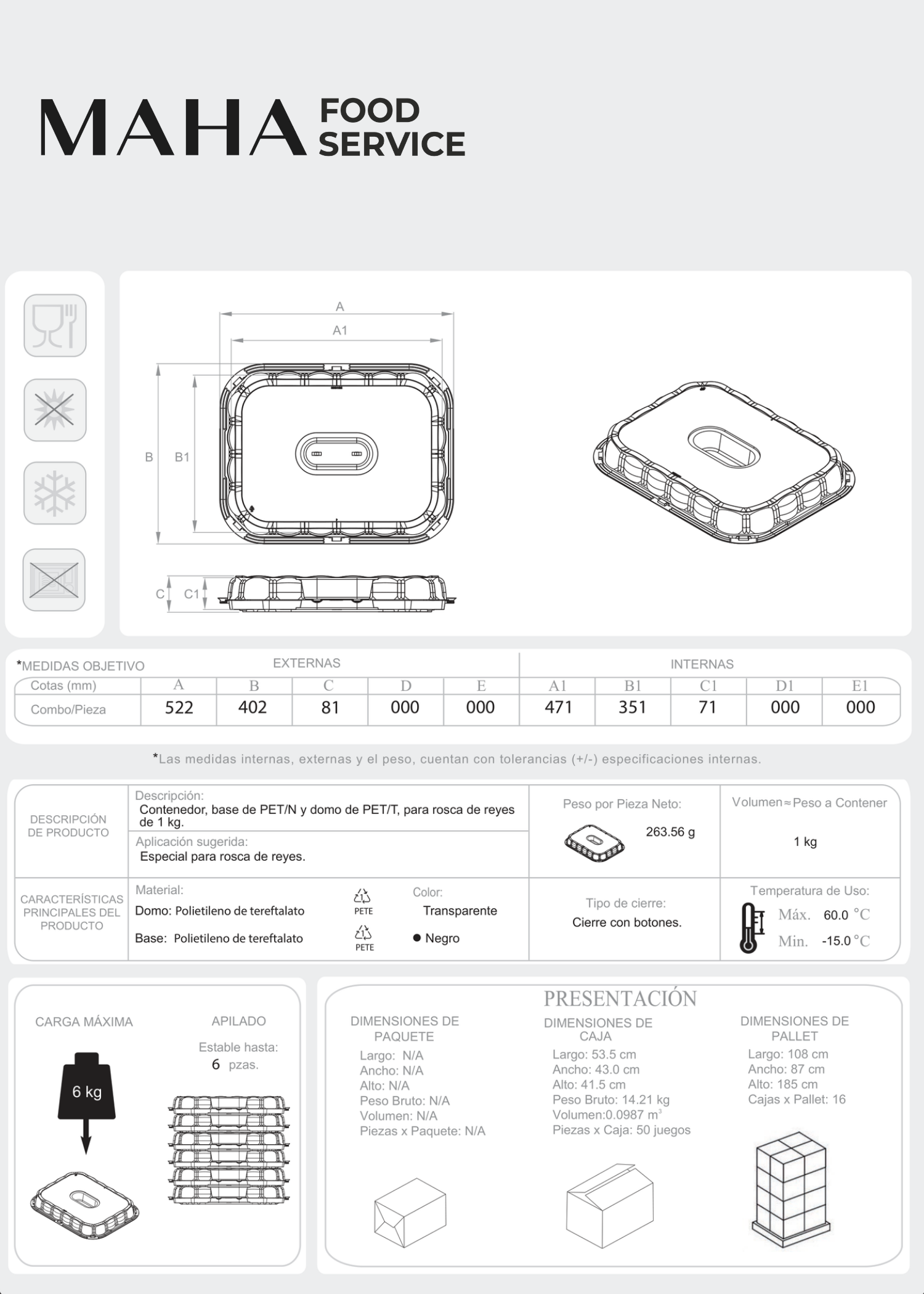 Domo de PET con tapa transparente base negra para rosca de reyes 1 kg