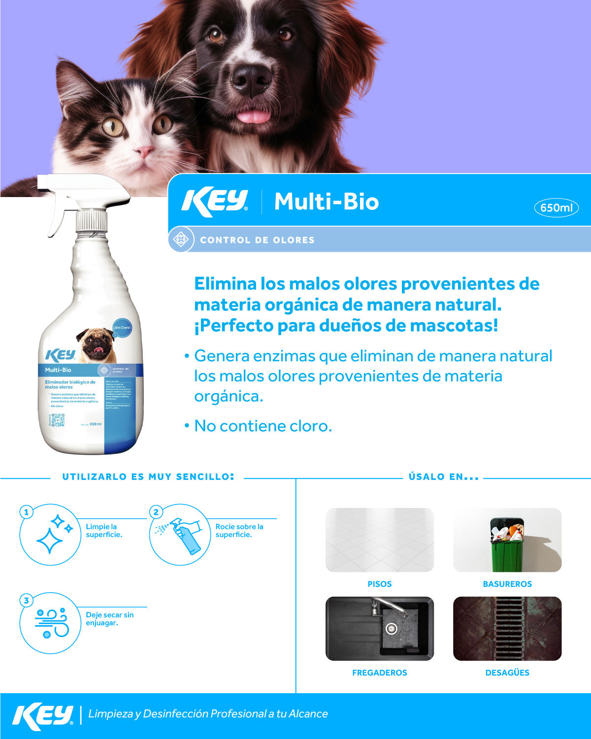 Eliminador de olores bilógicos enzimático para mascotas y olores orgánicos Multi-Bio 650 ml