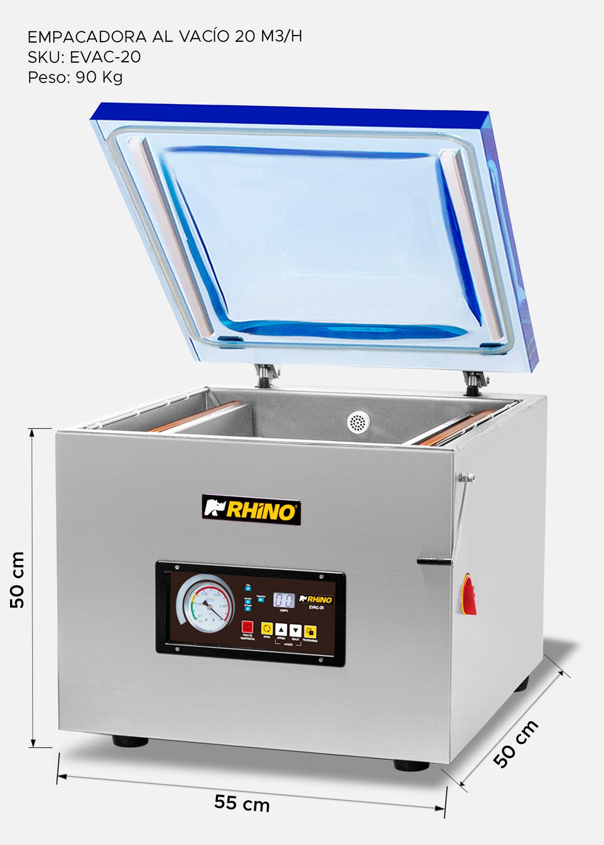 Empacadora al vacío de cámara 45x45x10 cm con capacidad de bomba de 20 m³/h con doble barra de sellado 41 cm gabinete de acero inoxidable grado alimenticio. Rhino EVAC-20 — imagen de producto