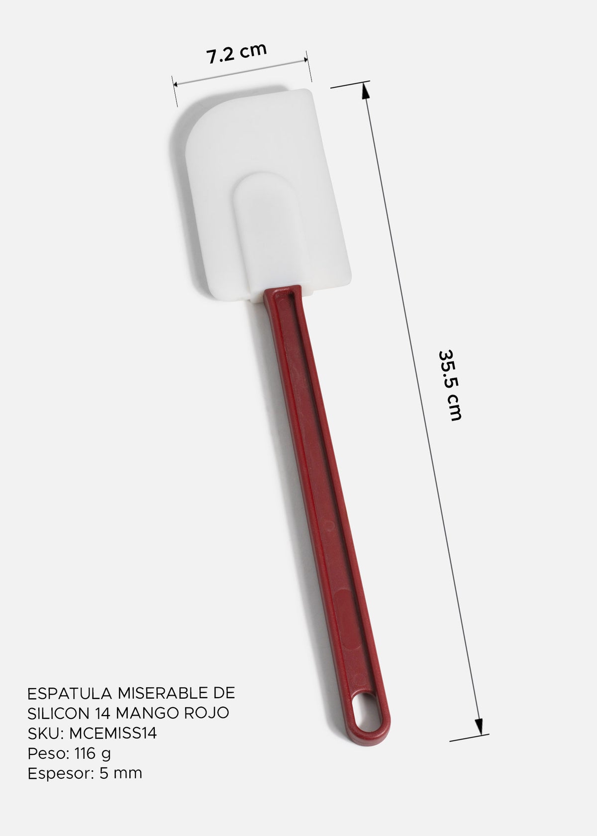 Medidas de la espátula miserable de silicón blanco con mango rojo: 35.5 cm de largo y pala de 7.2 cm de ancho.