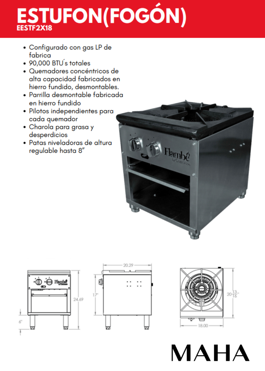 Estufón (fogón) de acero inoxidable NSF 2 quemadores 18" gas LP — imagen de producto