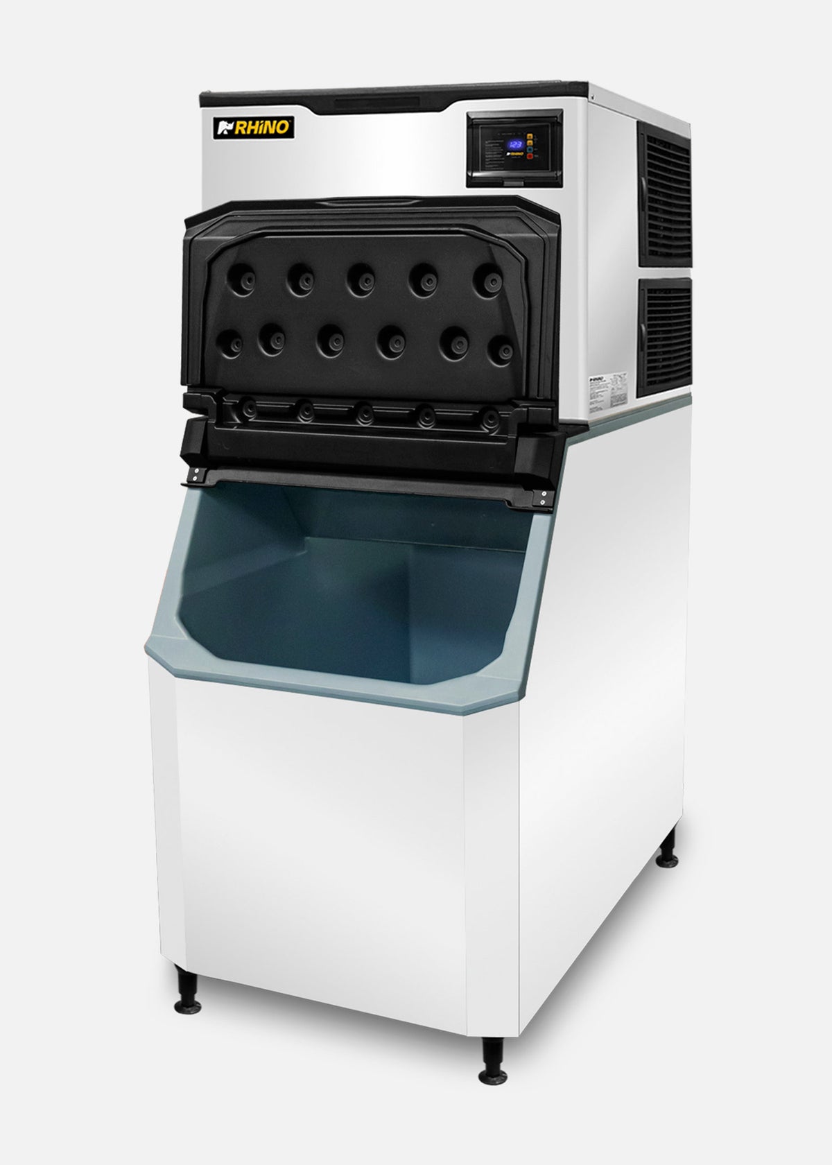 Fabrica industrial de hielo en cubo, producción de 230 kg por 24 hrs. , con deposito de 200 kg. Altura 174.5 cm, ancho 76 cm, largo 86 cm. Cubo de hielo de 2.2 cm. Rhino FAHIEL-230