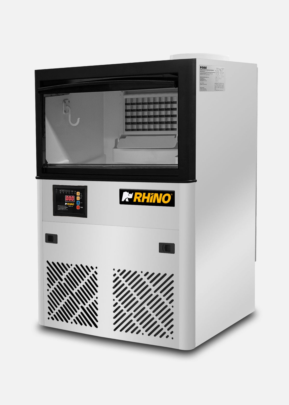Fabrica de hielo en cubo multifuncional 36 kg por 24 hrs. , con deposito de 15 kg. Largo 86 cm, ancho 56 cm, alto 175 cm. Cubo de hielo de 2.2 cm. Rhino FAHIEL-40