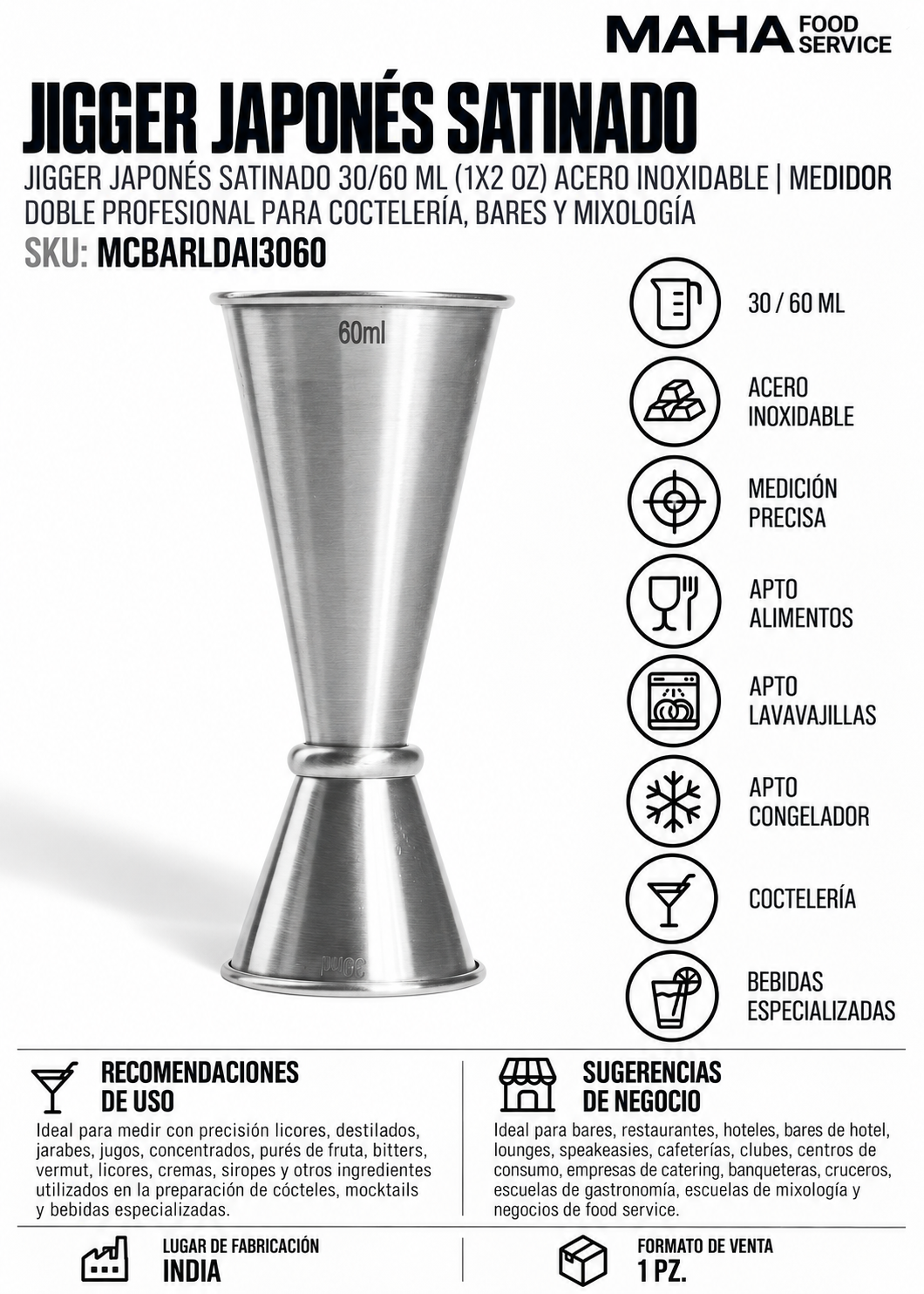 Ficha tecnica de Jigger tipo japones de acero inoxidable satinado plata 30/60 ml para restaurantes, hoteles y servicio HORECA