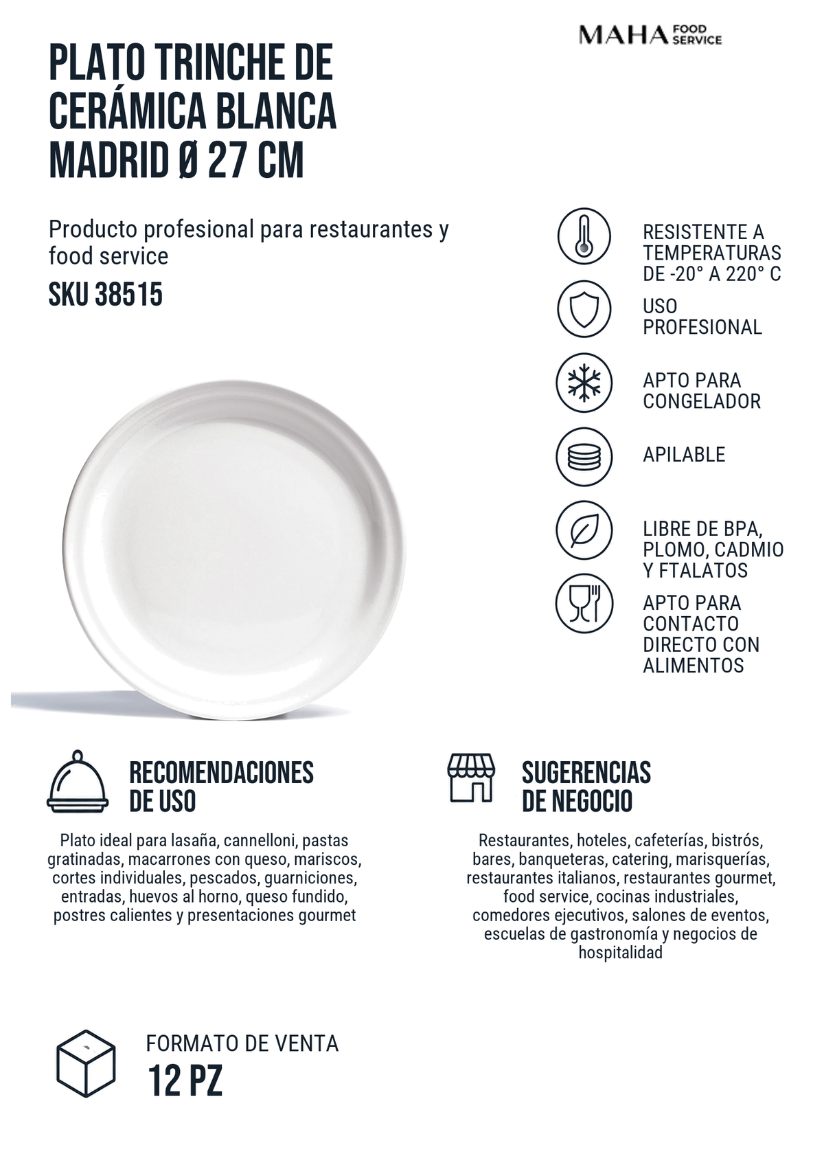 Ficha tecnica - Plato trinche de cer�mica blanca Madrid � 27 cm