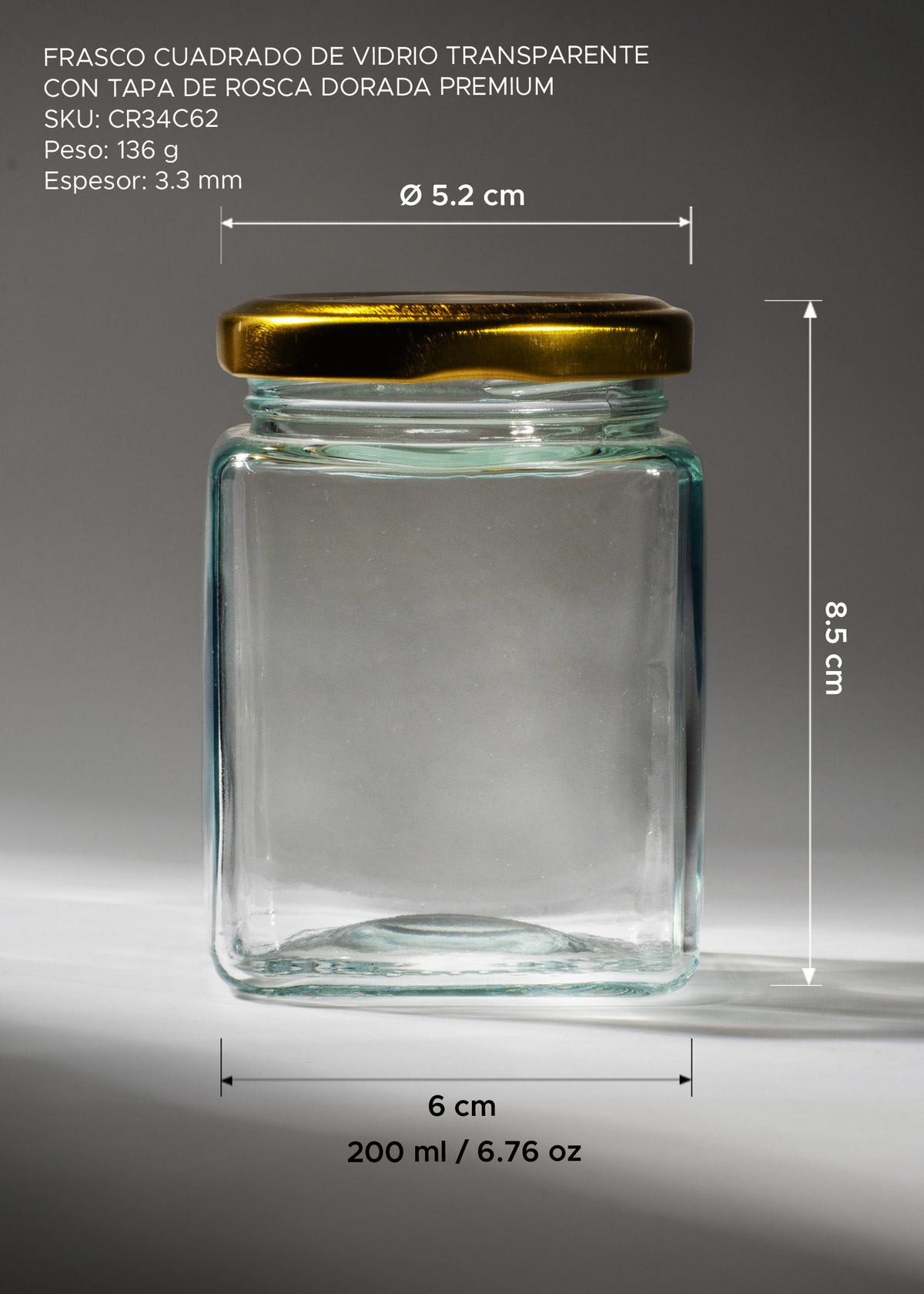 Medidas del frasco de 200 ml: altura de 8.5 cm, lado de 6 cm y boca de 5.2 cm.