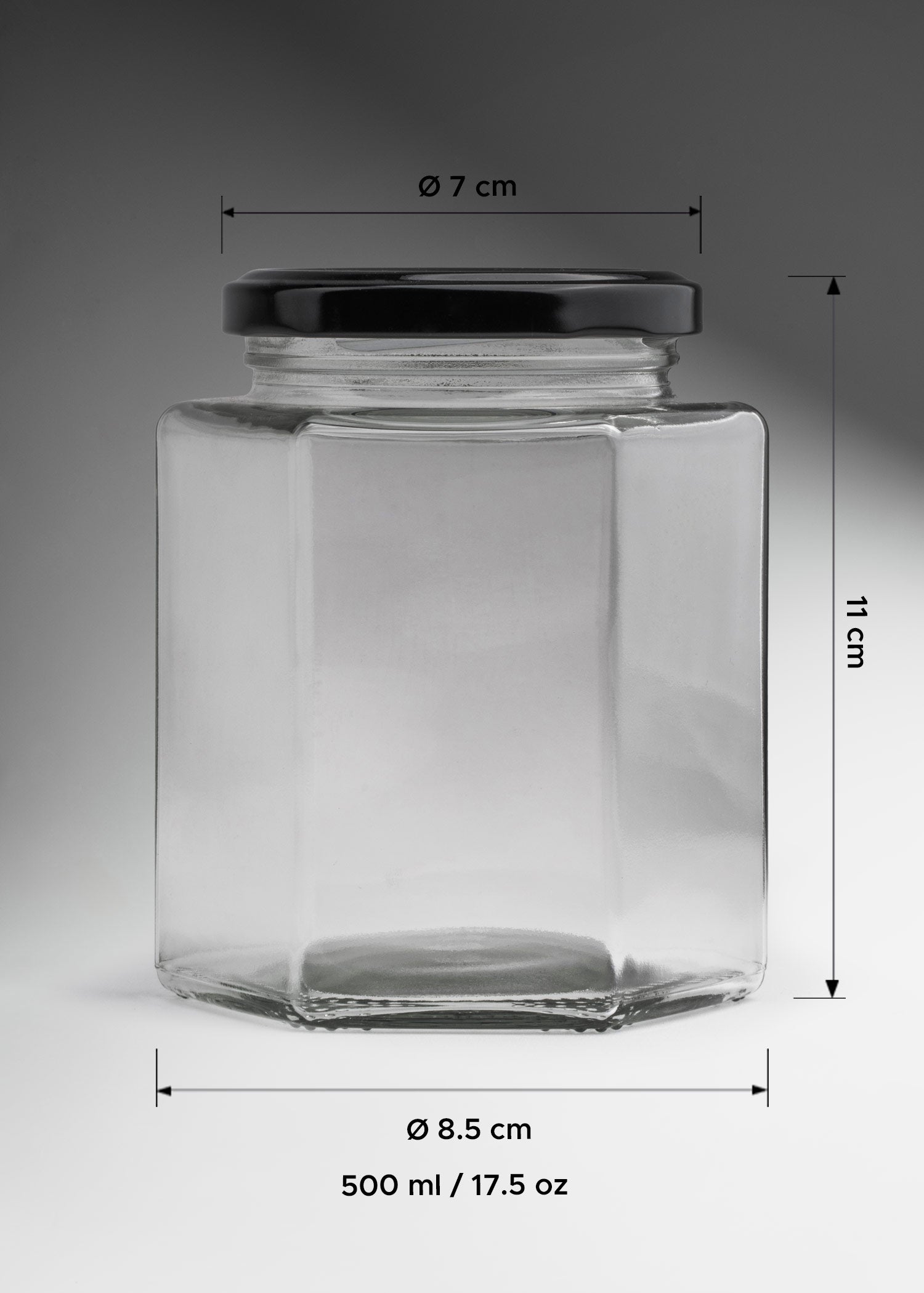 Frascos hexagonales de vidrio transparente con tapa negra uso alimenticio 380 y 500 ml